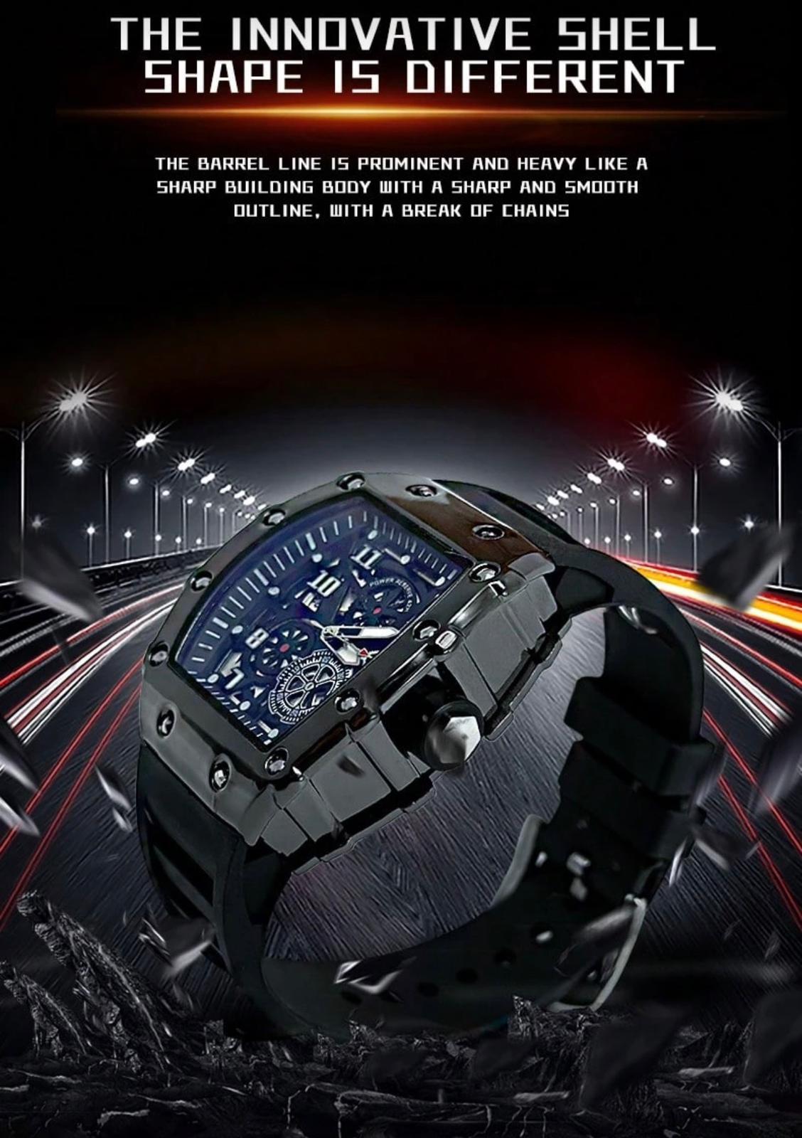 ساعة رجالية رياضية بتصميم برميلي مع سوار سيليكون فخم – علبة هدايا أنيقة GBBB 3872