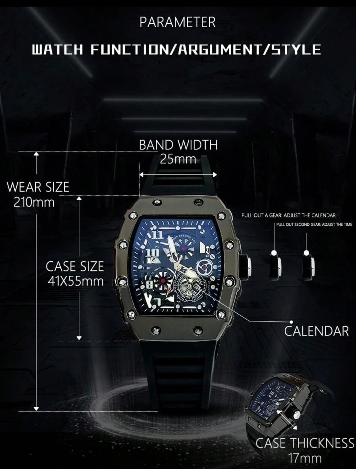 ساعة رجالية رياضية بتصميم برميلي مع سوار سيليكون فخم – علبة هدايا أنيقة GBBB 3872