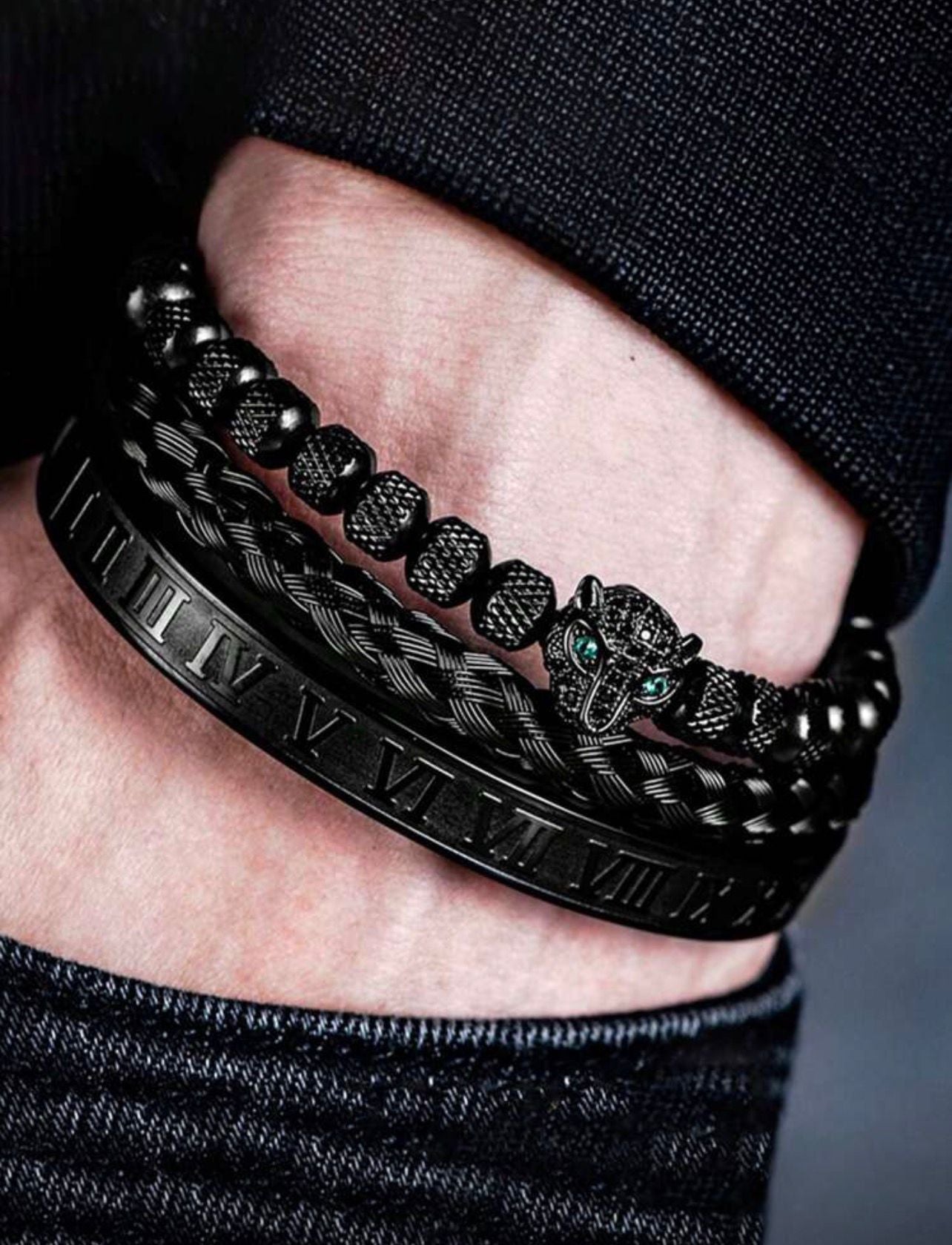 مجموعة أساور رجالية 3 قطع – رأس فهد وكريستال ومضفر – GM 481