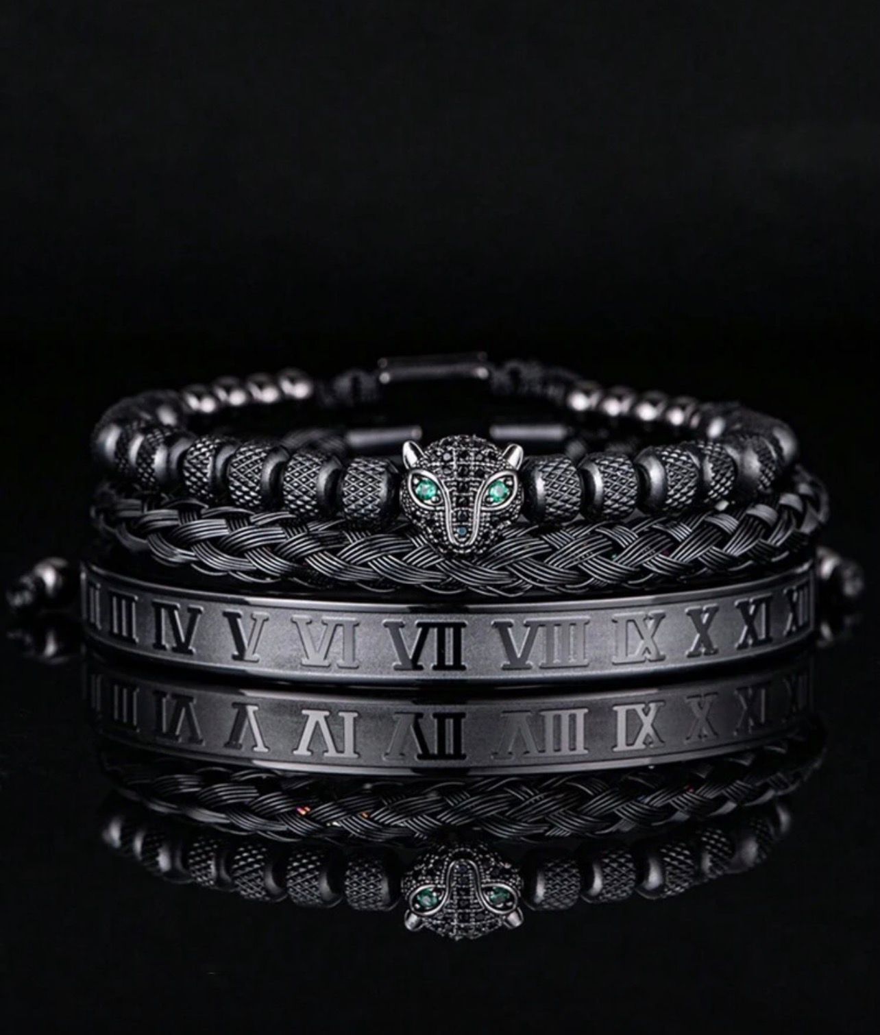 مجموعة أساور رجالية 3 قطع – رأس فهد وكريستال ومضفر – GM 481