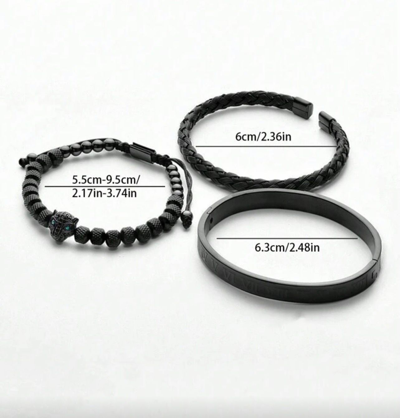 مجموعة أساور رجالية 3 قطع – رأس فهد وكريستال ومضفر – GM 481