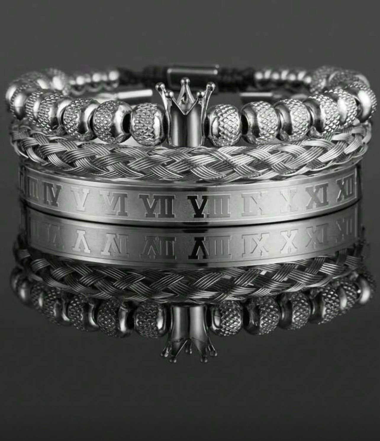 مجموعة أساور رجالية 3 قطع – ستانلس ستيل فضي مع تاج  – GM 428