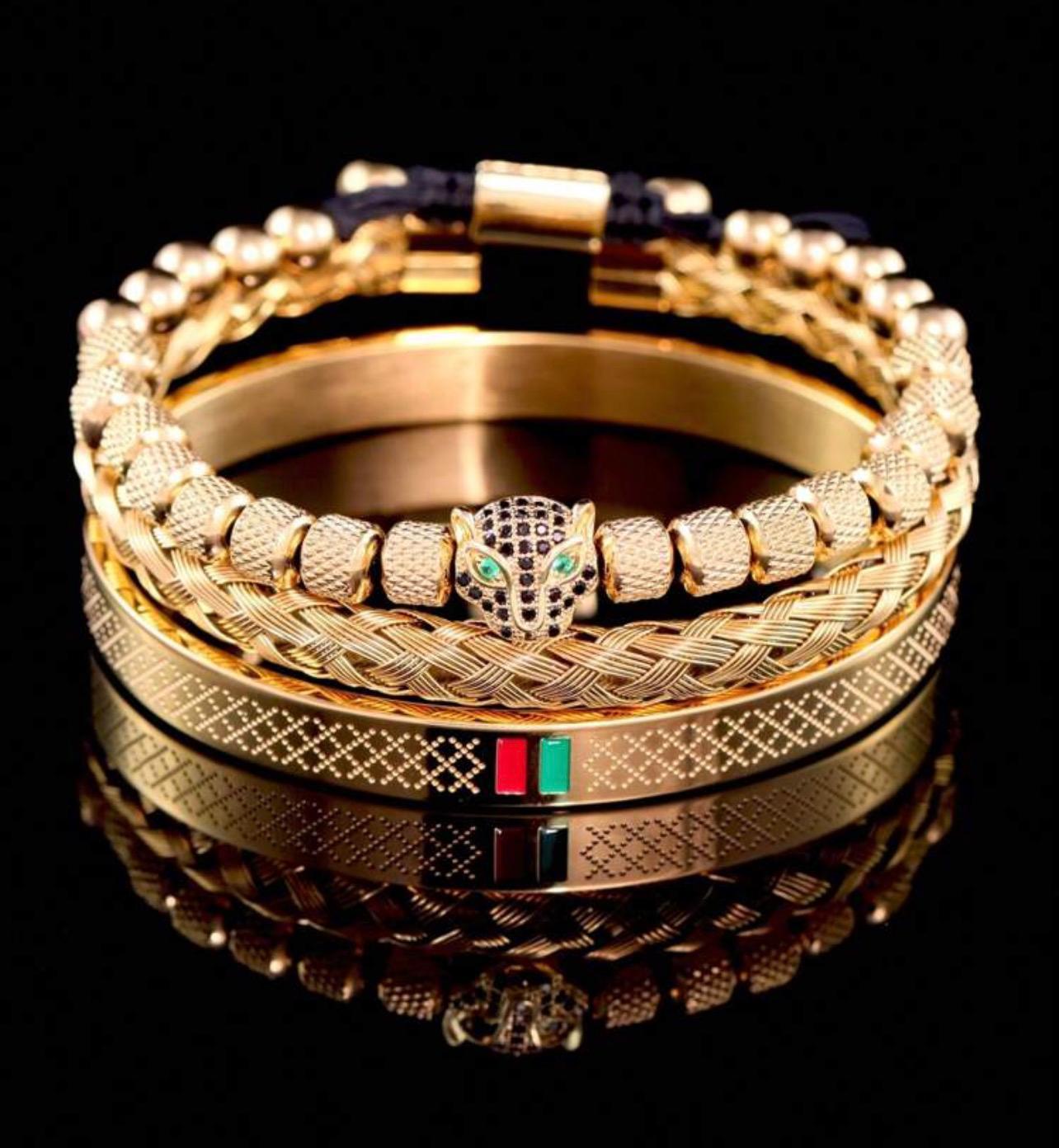 مجموعة أساور رجالية 3 قطع – فهد ذهبي وزركونيا مضفّر يدويًا مع إناميل – GM 824