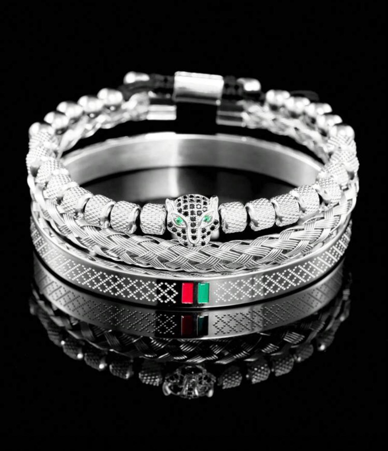 مجموعة أساور رجالية 3 قطع – فهد فضي وزركونيا مضفّر يدويًا مع إناميل – GM 666
