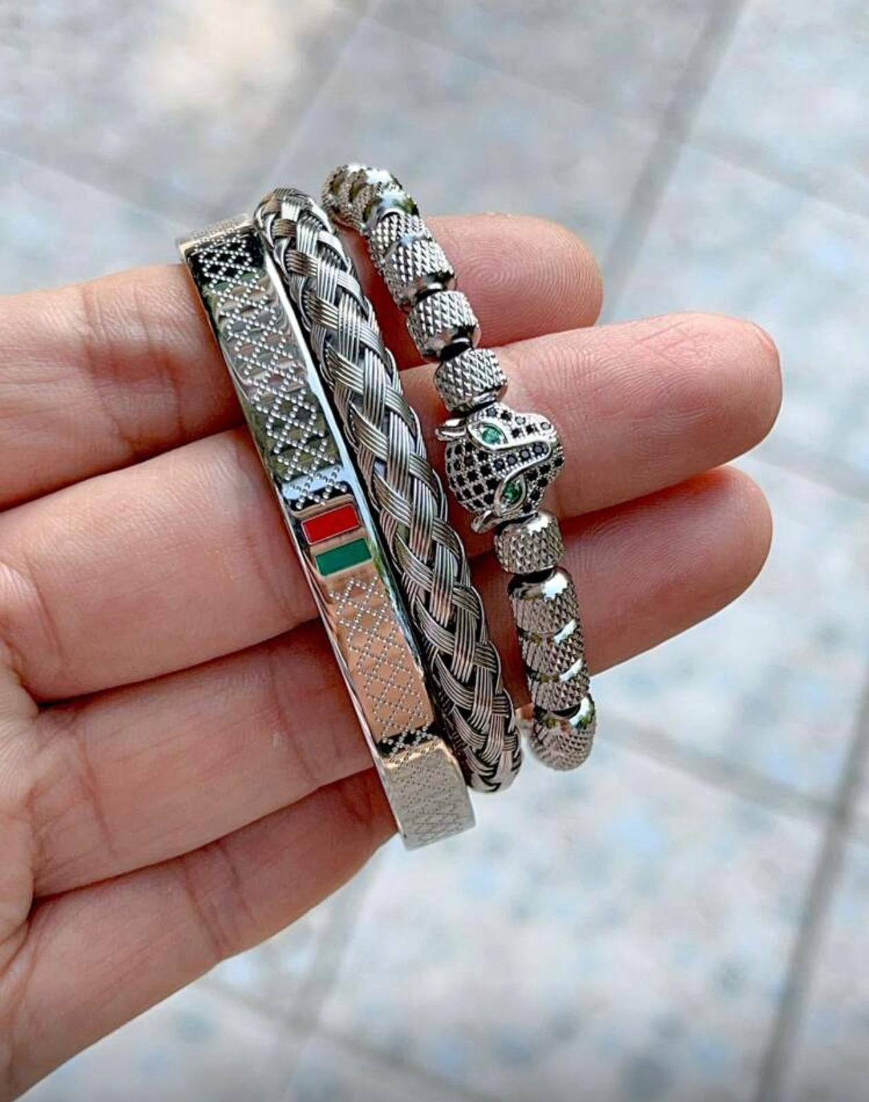 مجموعة أساور رجالية 3 قطع – فهد فضي وزركونيا مضفّر يدويًا مع إناميل – GM 666