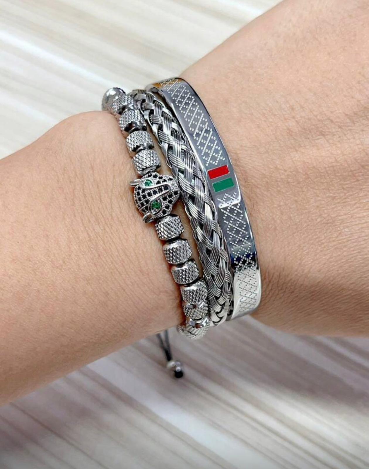 مجموعة أساور رجالية 3 قطع – فهد فضي وزركونيا مضفّر يدويًا مع إناميل – GM 666