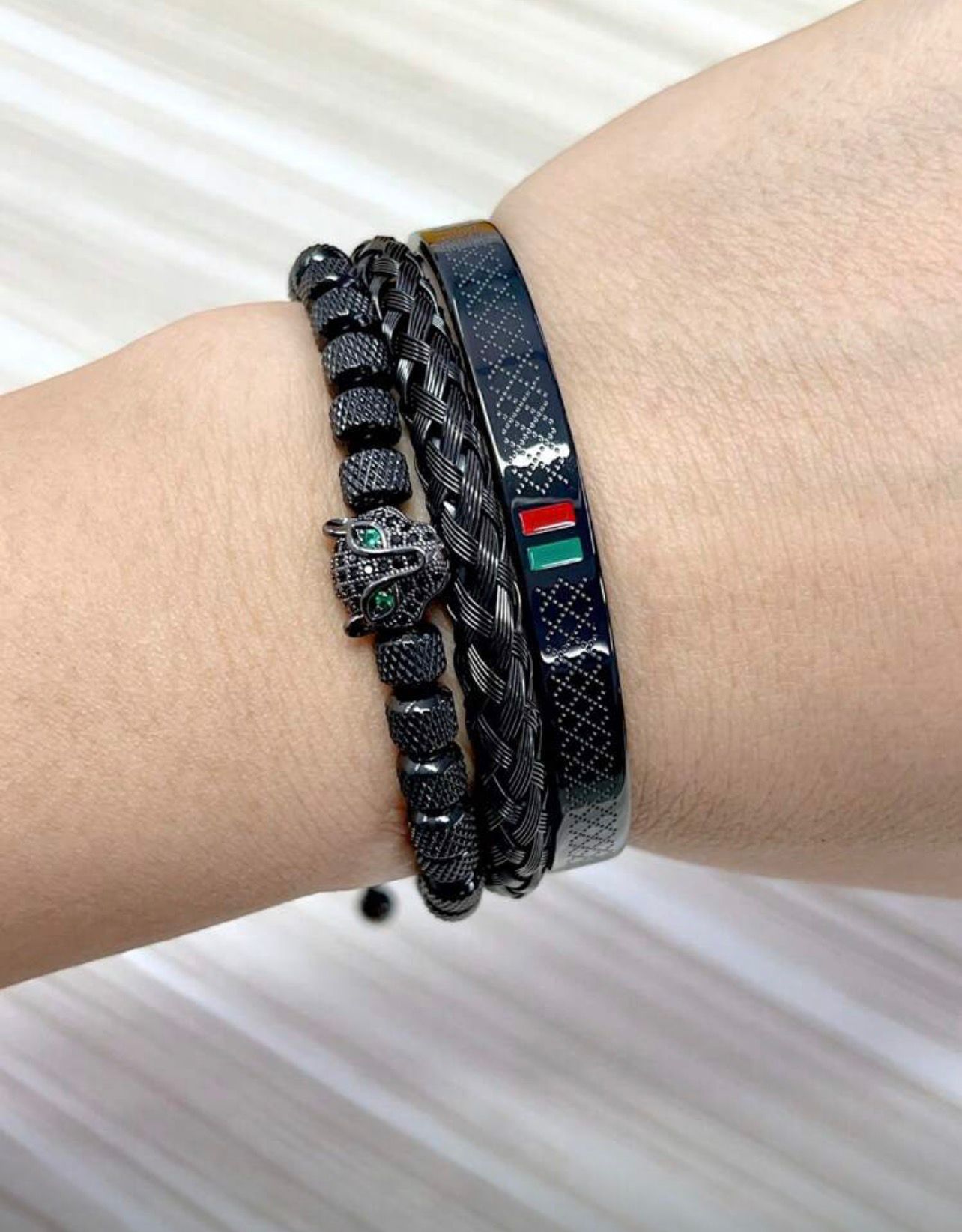 مجموعة أساور رجالية 3 قطع – فهد أسود وزركونيا مضفّر يدويًا مع إناميل – GM 885