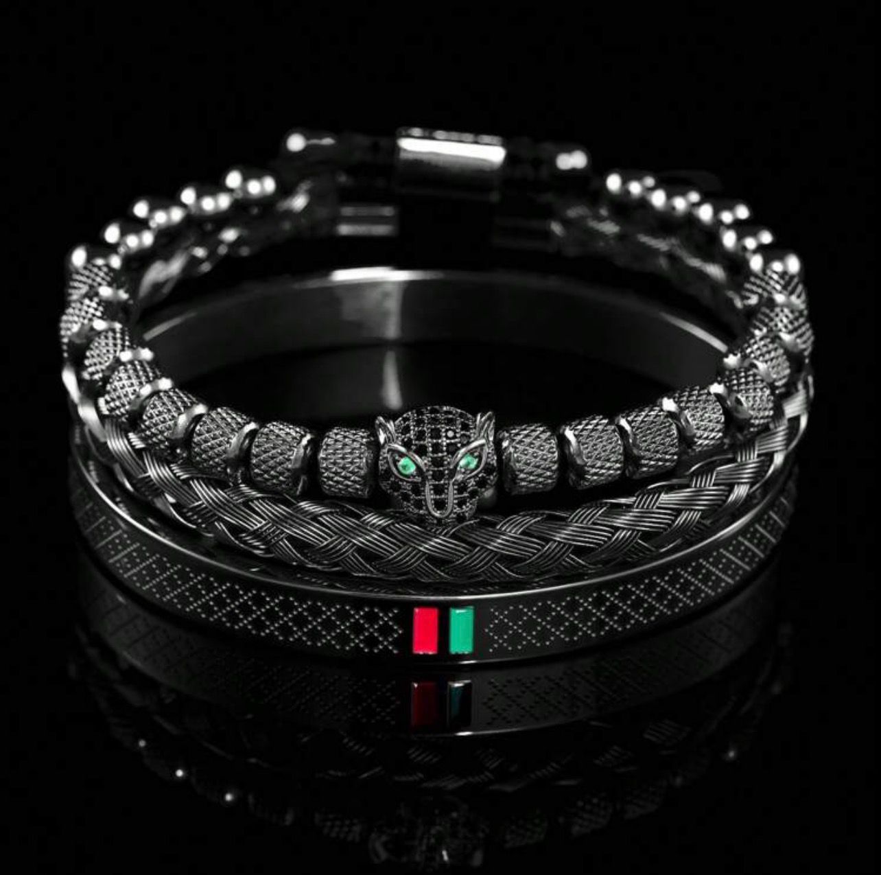 مجموعة أساور رجالية 3 قطع – فهد أسود وزركونيا مضفّر يدويًا مع إناميل – GM 885