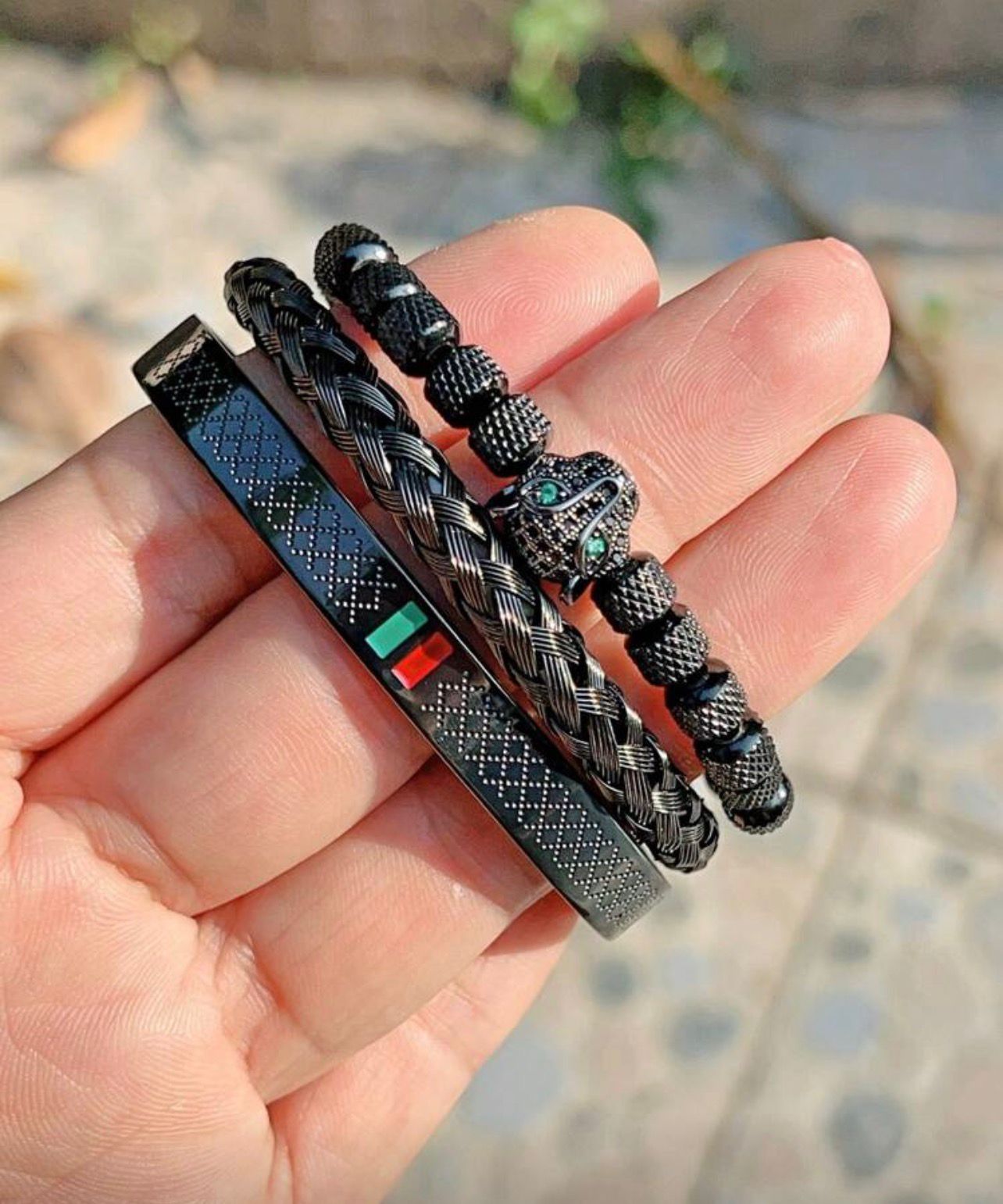 مجموعة أساور رجالية 3 قطع – فهد أسود وزركونيا مضفّر يدويًا مع إناميل – GM 885