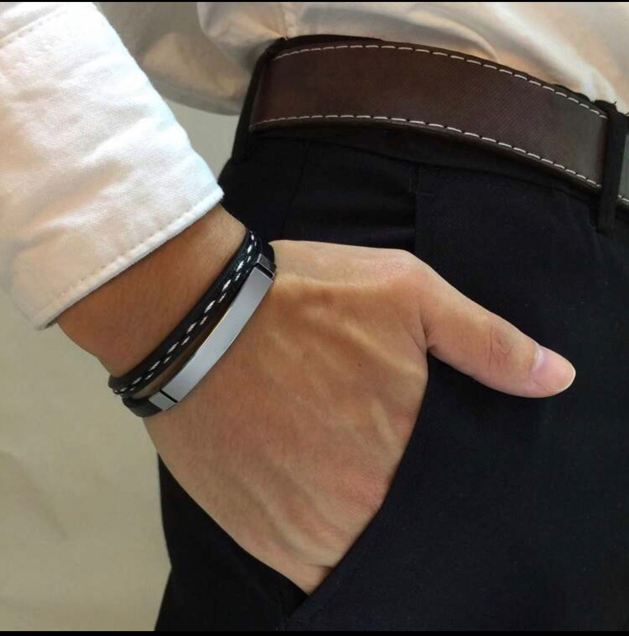 سوار رجالي جلد بو مضفور مع شريحة ستانلس ستيل – GM 280