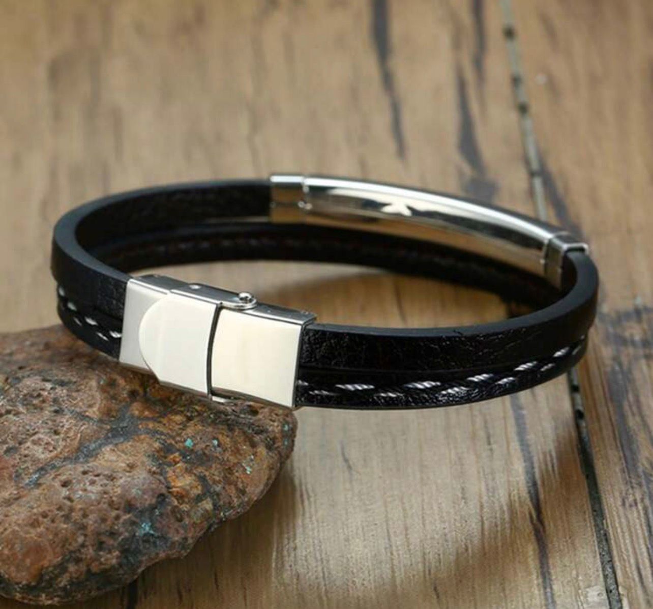 سوار رجالي جلد بو مضفور مع شريحة ستانلس ستيل – GM 280