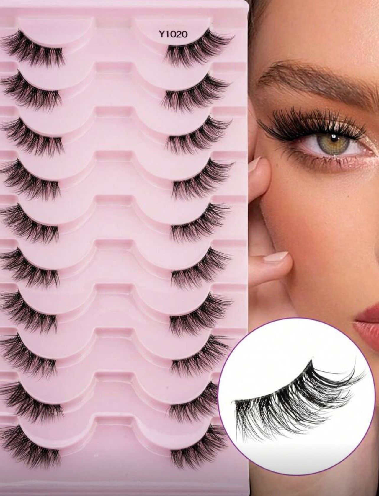 رموش 10 أزواج  ثلاثية الأبعاد قصيرة 8–10 مم بساق شفافة – ناعمة ومنتفخة لمظهر طبيعي يومي Y1020