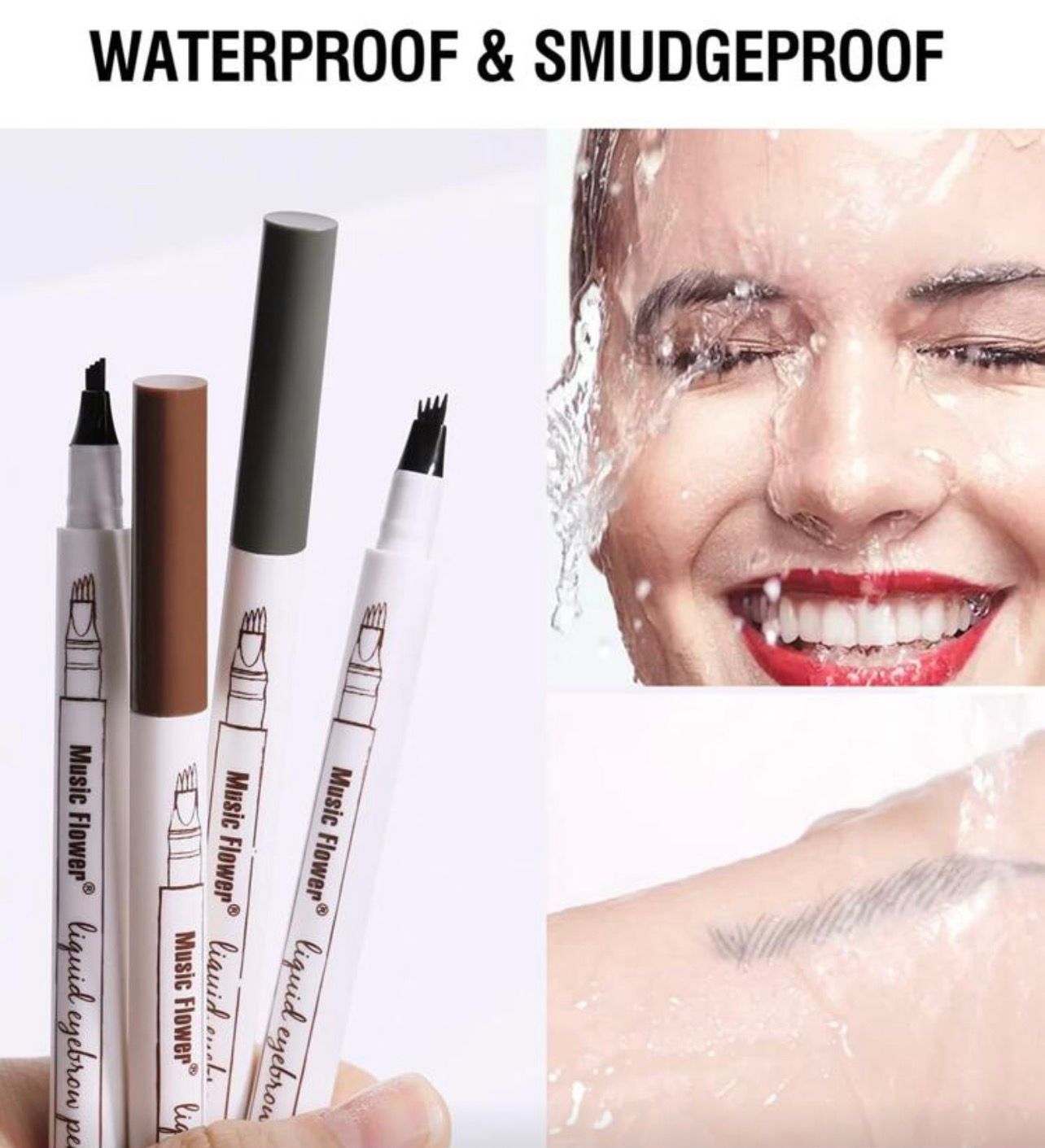 قلم حواجب Music Flower سائل بأربعة شوكات – مقاوم للماء وطويل الثبات بدرجة 04 أسود