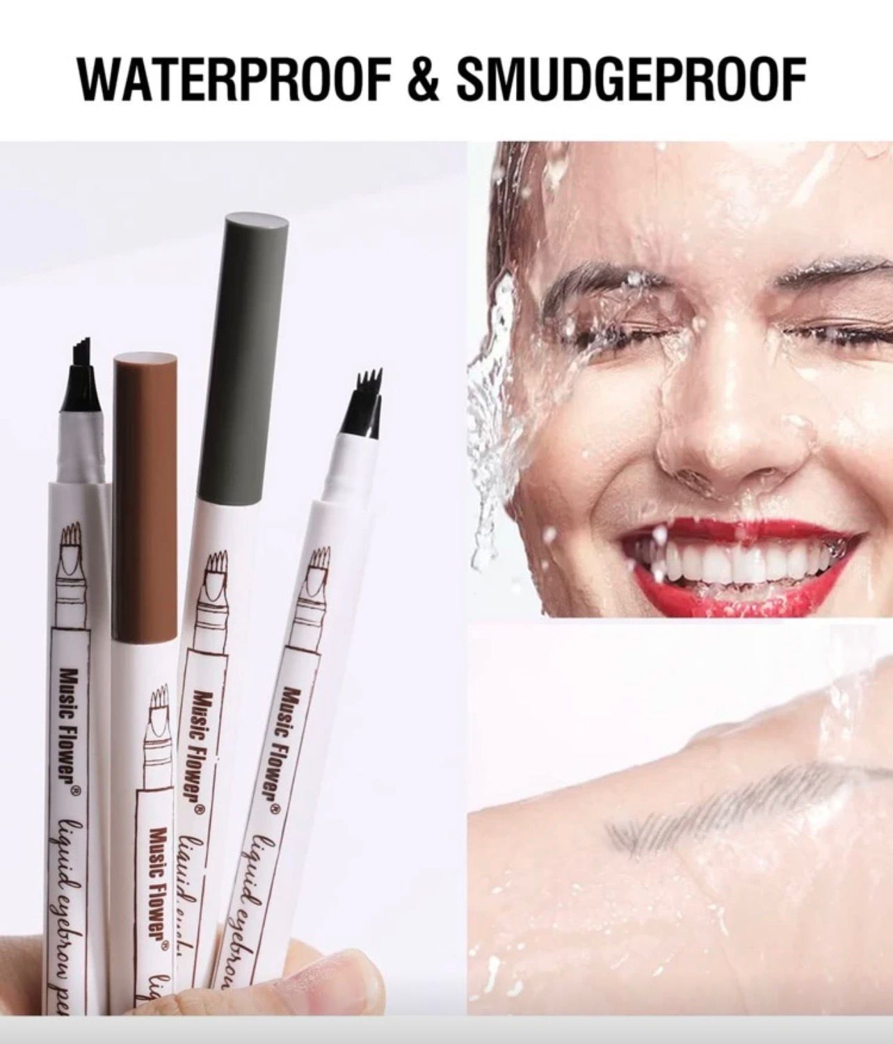 قلم حواجب Music Flower السائل بأربعة شوكات – مقاوم للماء وطويل الثبات بدرجة 01 بني كستنائي
