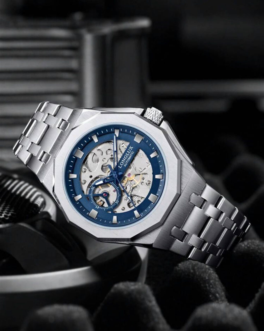 ساعة يد ميكانيكية فاخرة للرجال من LONGLUX بسوار ستانلس ستيل  أوتوماتيكي GMSB 8076