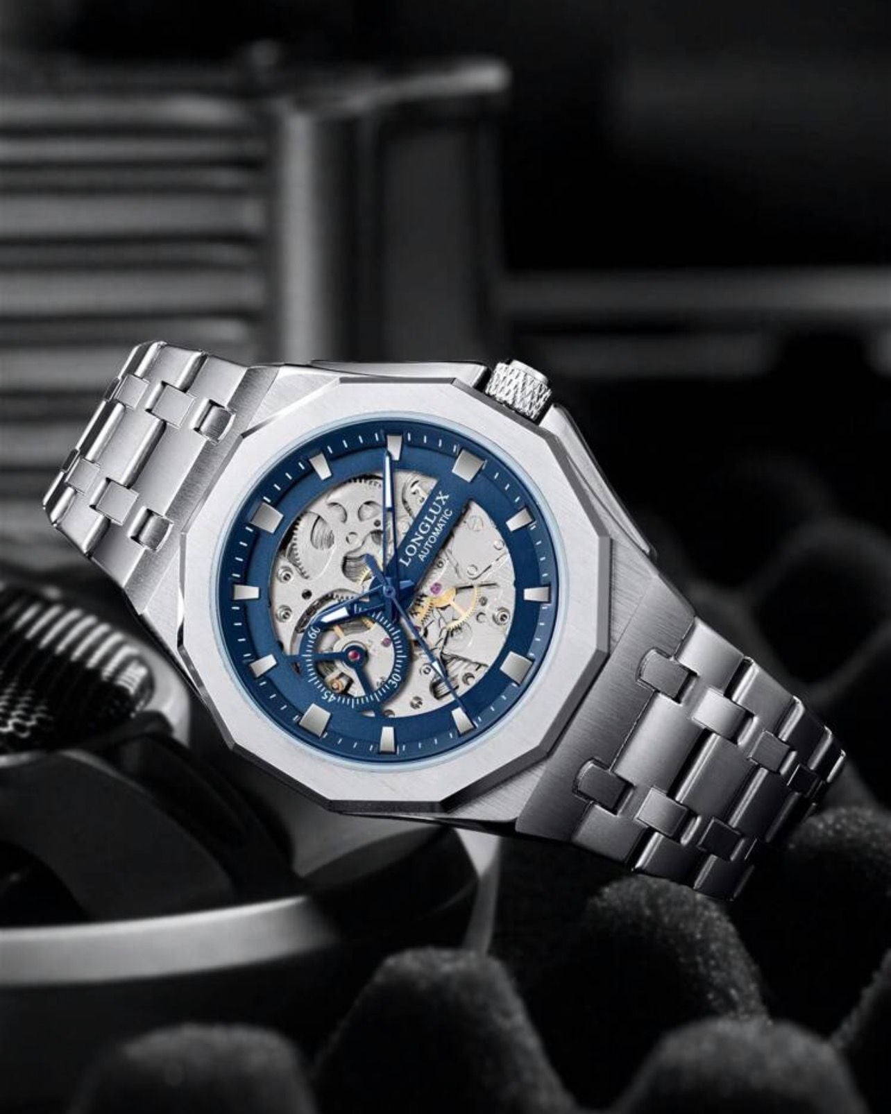 ساعة يد ميكانيكية فاخرة للرجال من LONGLUX بسوار ستانلس ستيل  أوتوماتيكي GMSB 8076