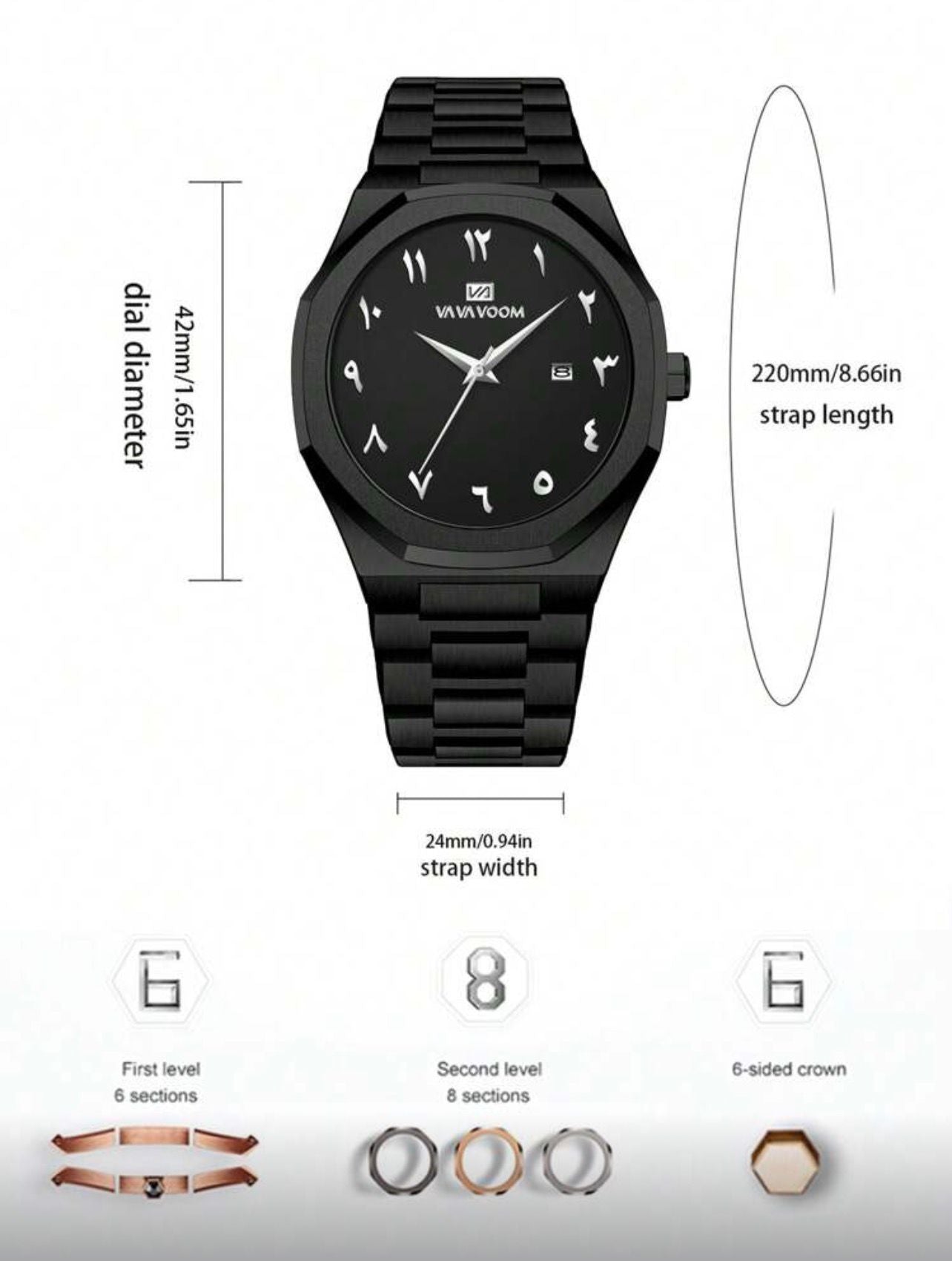 ساعة رجالية VA VA VOOM فاخرة بلون أسود بالكامل  تصميم عربي أنيق من الفولاذ المقاوم للصدأ GMBB 2931