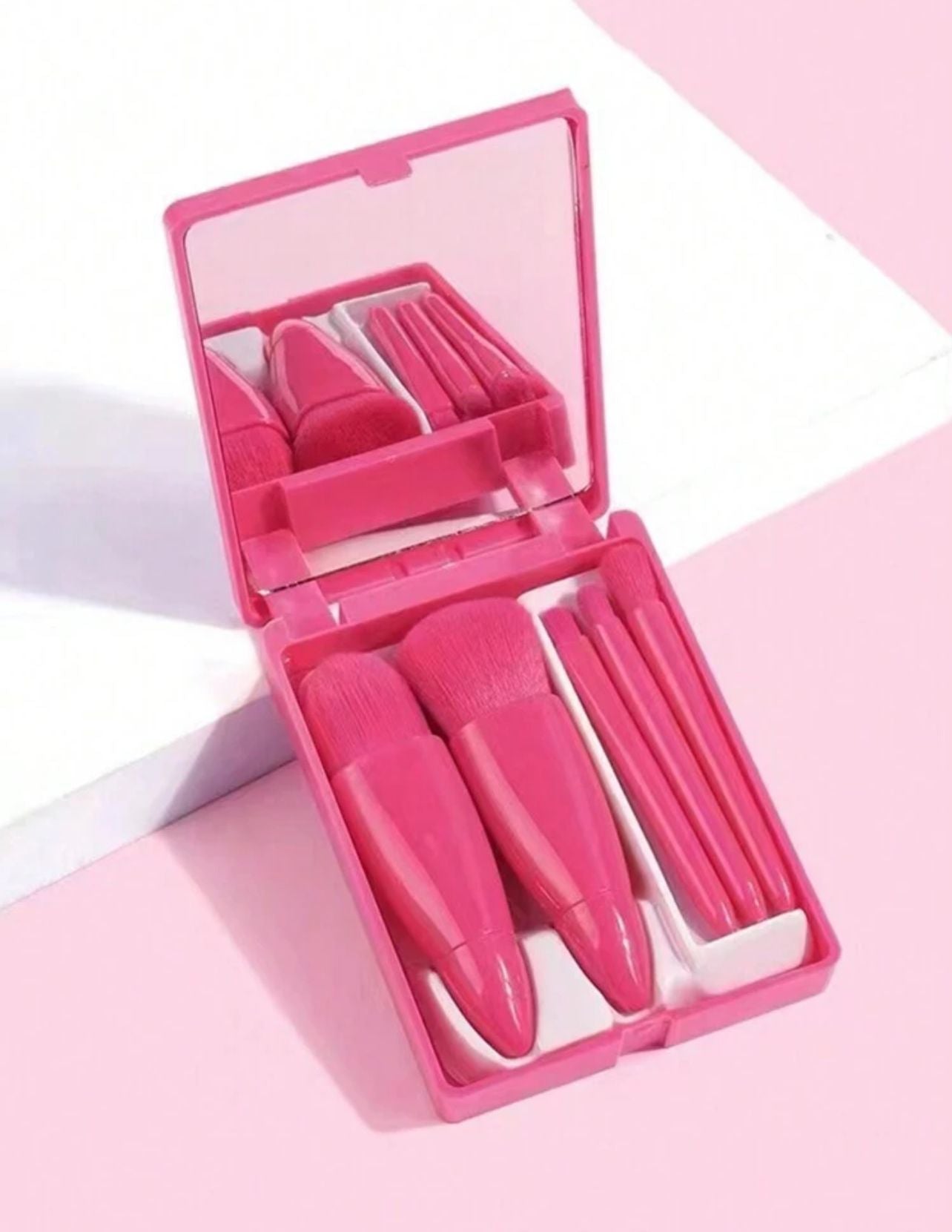 مجموعة فراشي مكياج للسفر - 5 قطع - وردي روز أحمر