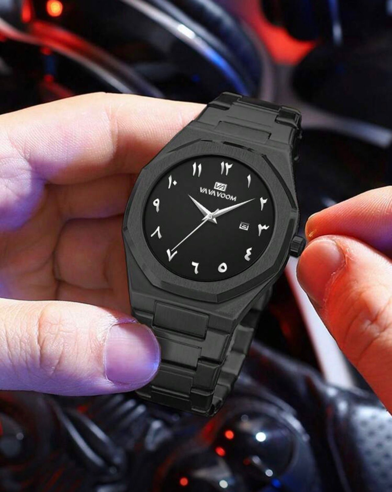 ساعة رجالية VA VA VOOM فاخرة بلون أسود بالكامل  تصميم عربي أنيق من الفولاذ المقاوم للصدأ GMBB 2931