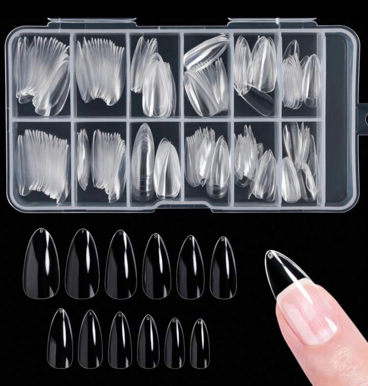 مجموعة أظافر صناعية شفافة 240 قطعة – شكل لوز متوسط مع 12 مقاس