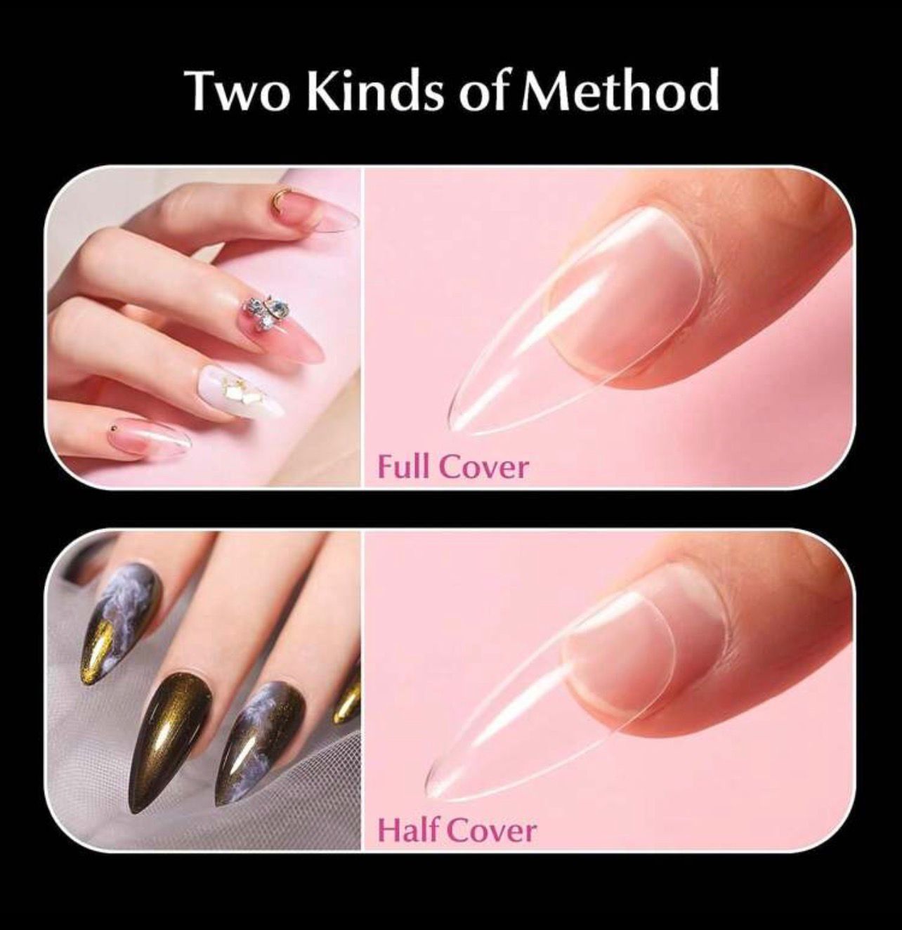 مجموعة أظافر صناعية شفافة 240 قطعة – شكل لوز متوسط مع 12 مقاس