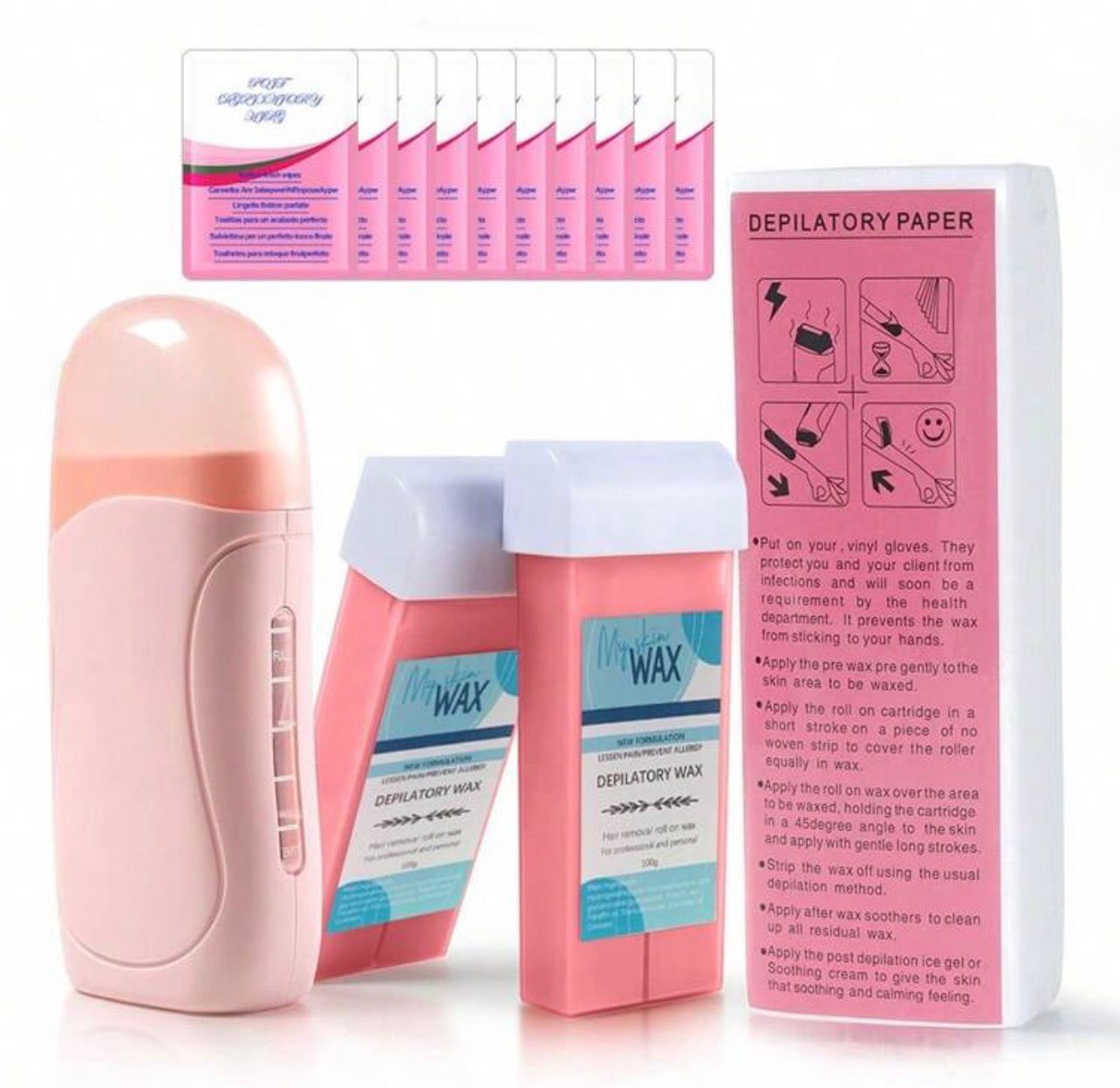 مجموعة شمع كاملة لإزالة الشعر – رولر شمع + 2 عبوة شمع رولر + آلة تسخين + 100 ورقة و10 مناديل ترطيب
