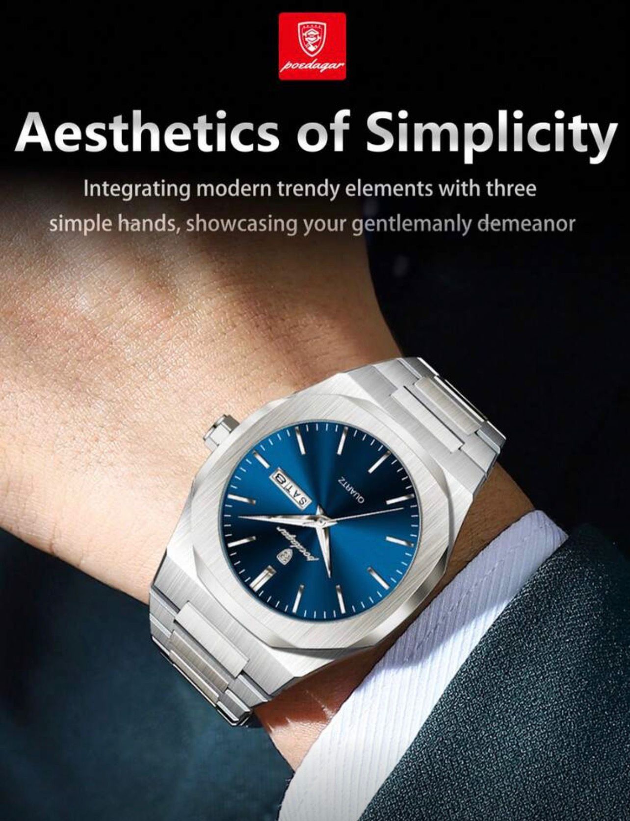 ساعة رجالية كاجوال من الستانلس ستيل  POEDAGAR – كوارتز، مقاومة للماء، بإضاءة ليلية GSMB 825