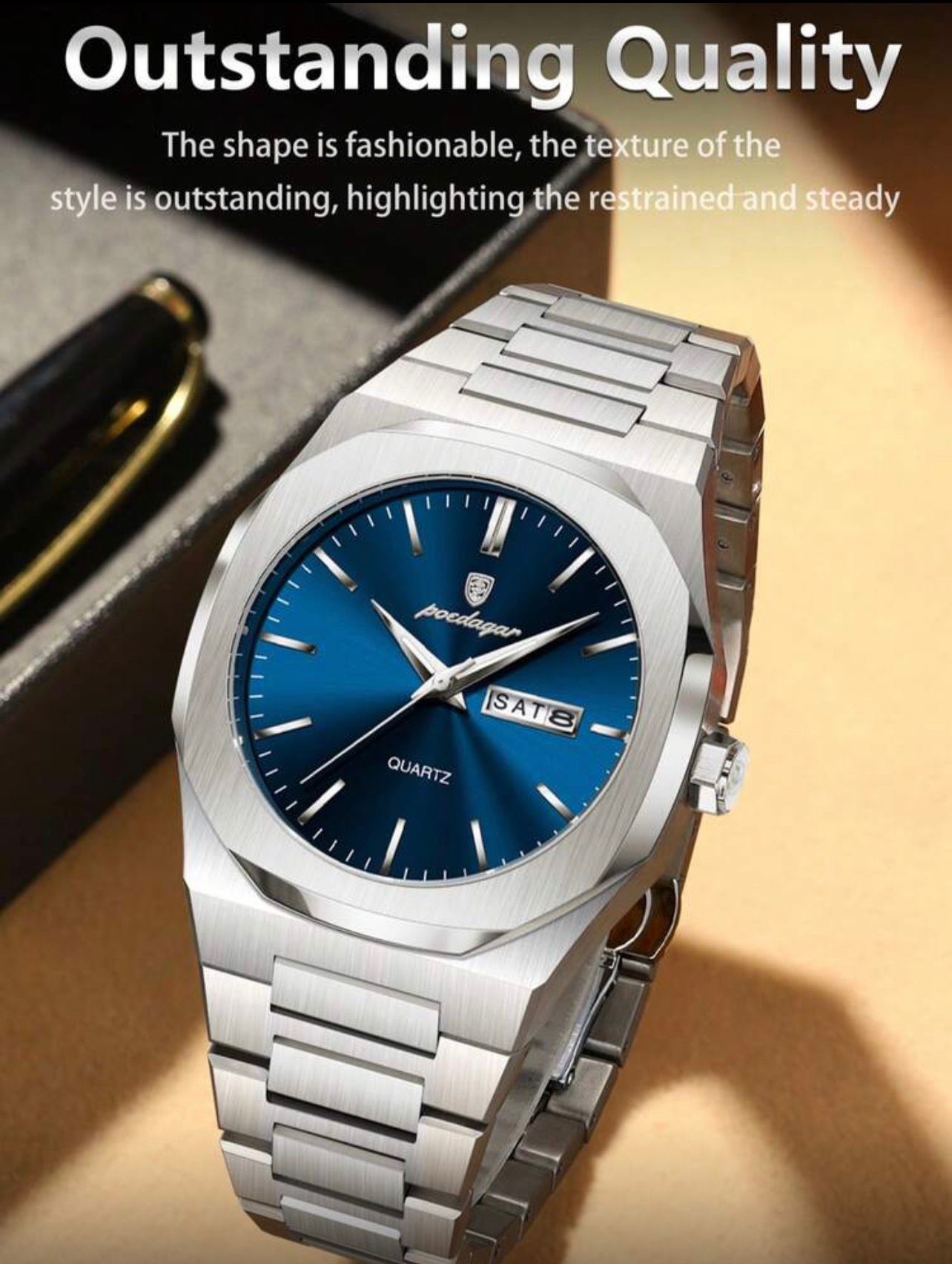 ساعة رجالية كاجوال من الستانلس ستيل  POEDAGAR – كوارتز، مقاومة للماء، بإضاءة ليلية GSMB 825