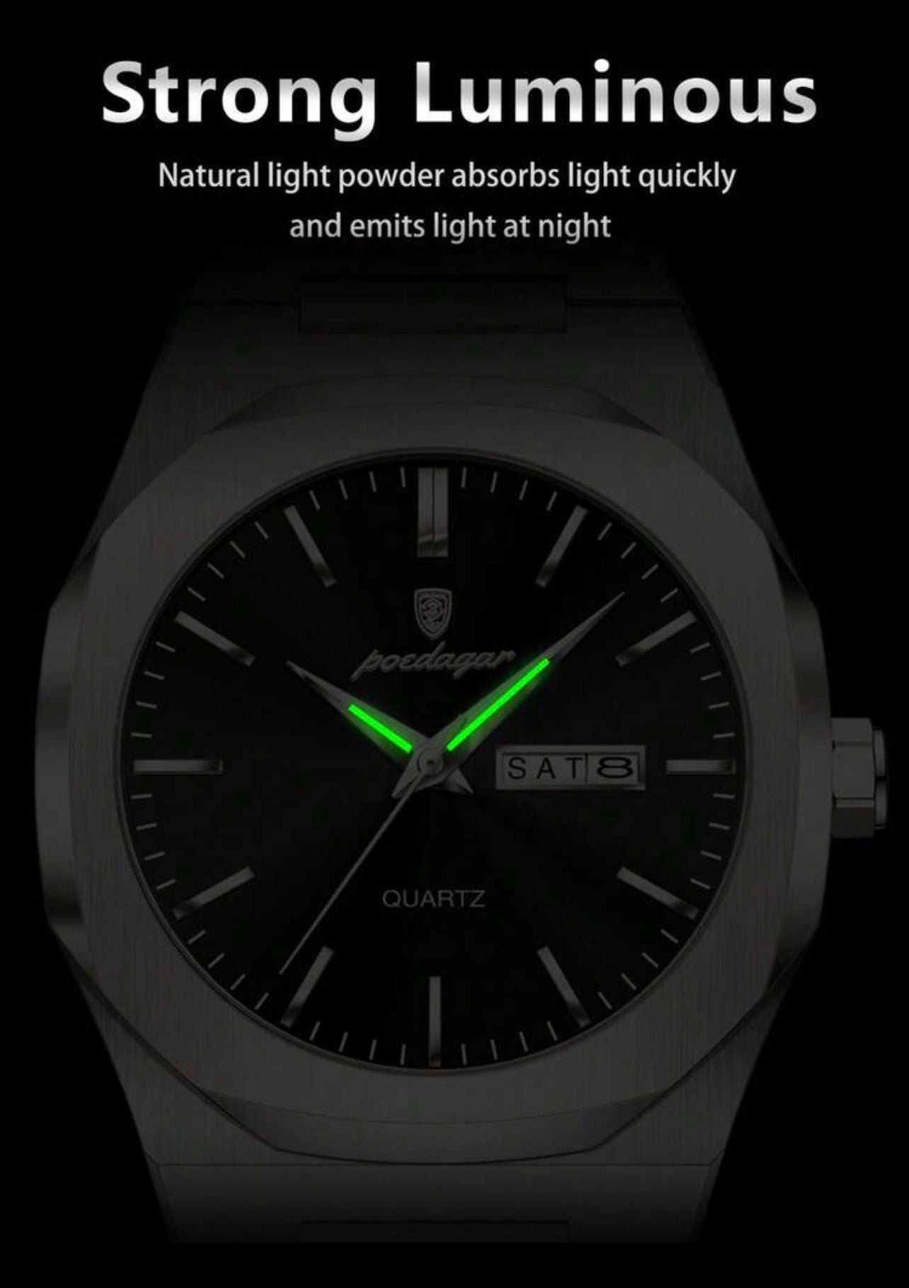 ساعة رجالية كاجوال من الستانلس ستيل  POEDAGAR – كوارتز، مقاومة للماء، بإضاءة ليلية GSMB 825