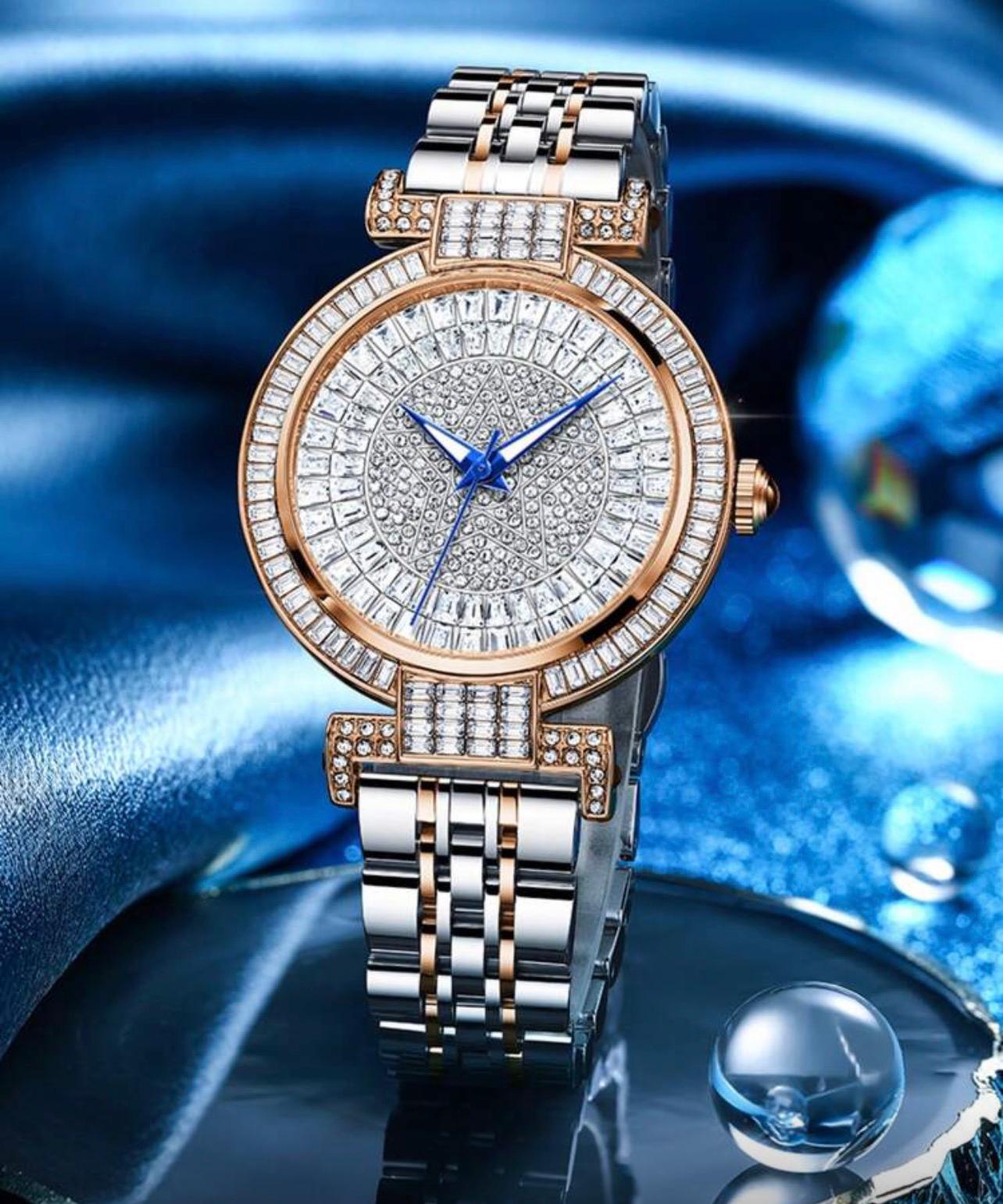 ساعة GUANQIN نسائية فاخرة مرصعة بالراين، مضيئة ومقاومة للماء بتصميم نجمة خماسية، سوار ستانلس ستيل مقاوم للخدش – مناسبة للهدايا والمناسبات LTMZ 1644