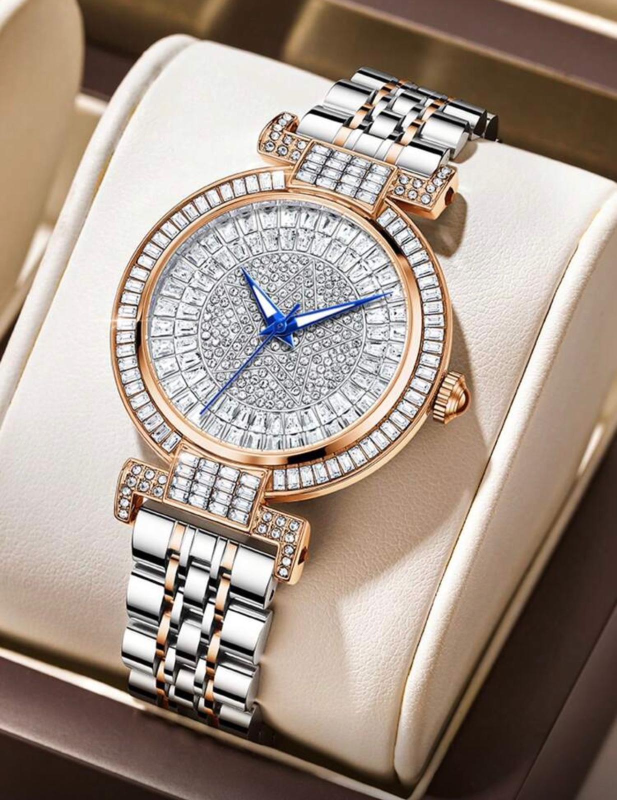 ساعة GUANQIN نسائية فاخرة مرصعة بالراين، مضيئة ومقاومة للماء بتصميم نجمة خماسية، سوار ستانلس ستيل مقاوم للخدش – مناسبة للهدايا والمناسبات LTMZ 1644