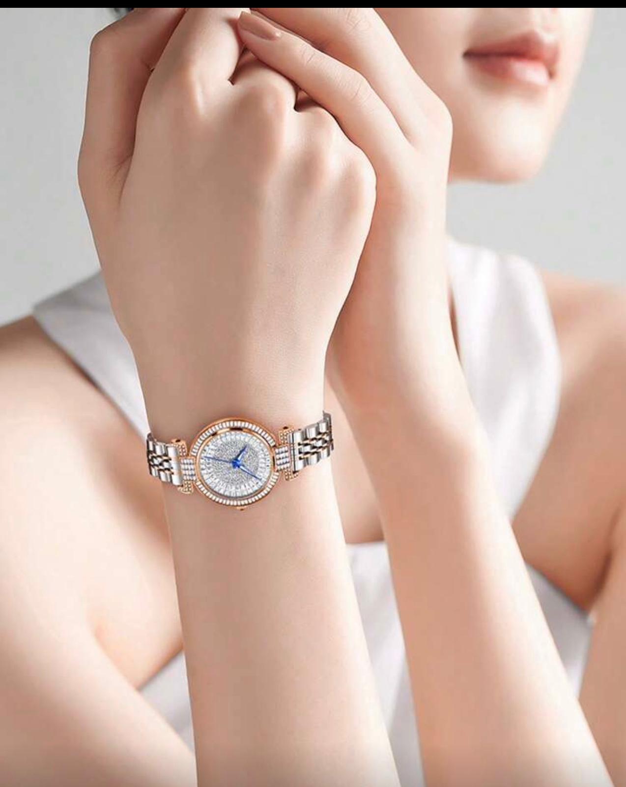 ساعة GUANQIN نسائية فاخرة مرصعة بالراين، مضيئة ومقاومة للماء بتصميم نجمة خماسية، سوار ستانلس ستيل مقاوم للخدش – مناسبة للهدايا والمناسبات LTMZ 1644