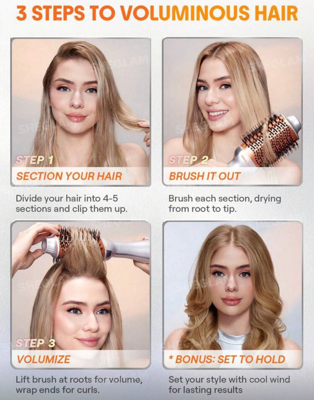 فرشاة الهواء الساخن SHEGLAM Hair Blowout Bliss – مجفف ومصفف شعر 4 في 1 بتقنية Gloss Pro™ وقابس بريطاني
