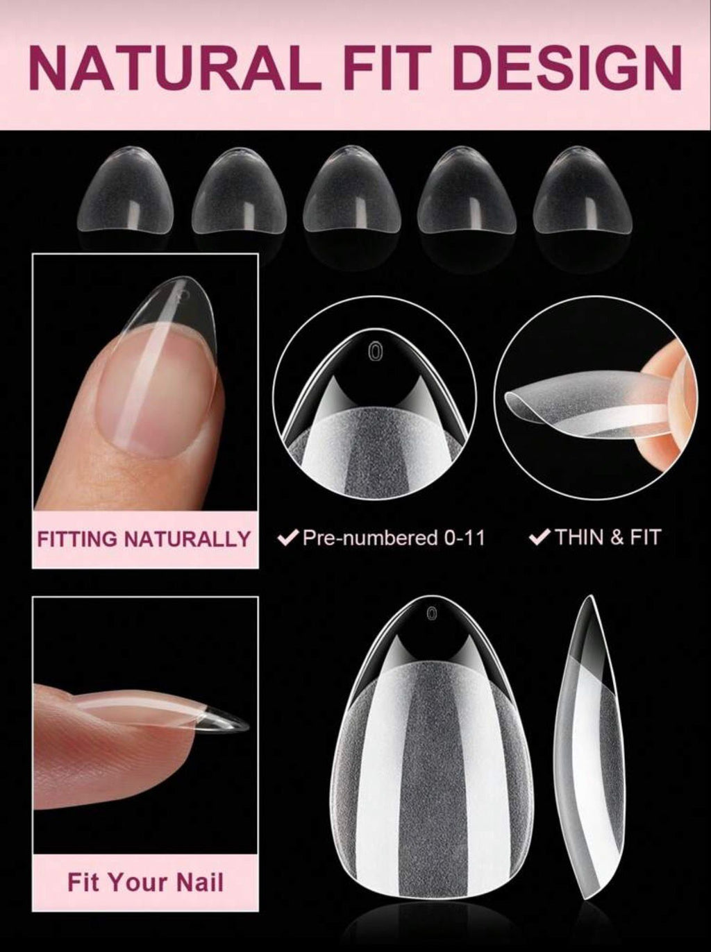 نصائح أظافر 240 قطعة جل لوزية قصيرة – شفافة نصف مط بتصميم طبيعي COOD N 27