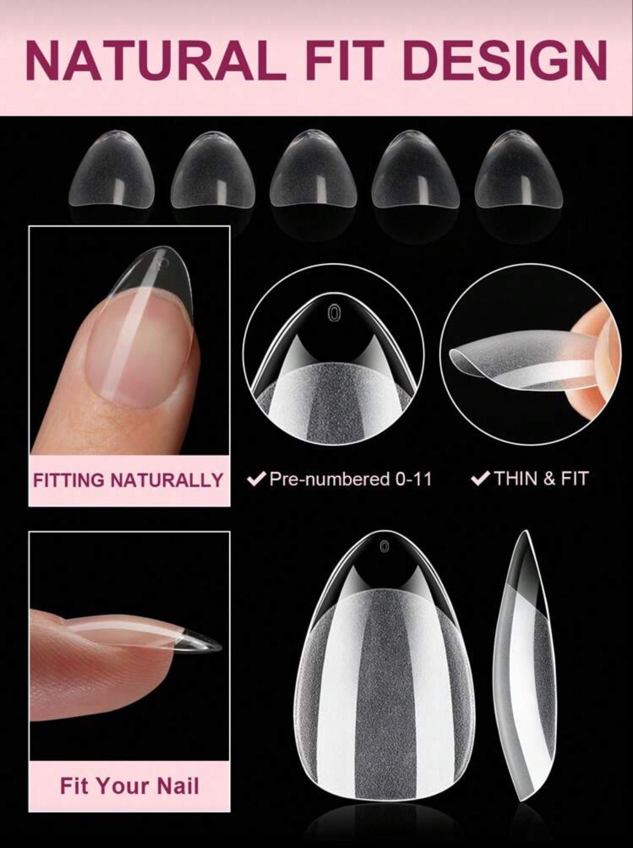 نصائح أظافر 240 قطعة جل لوزية قصيرة – شفافة نصف مط بتصميم طبيعي COOD N 27