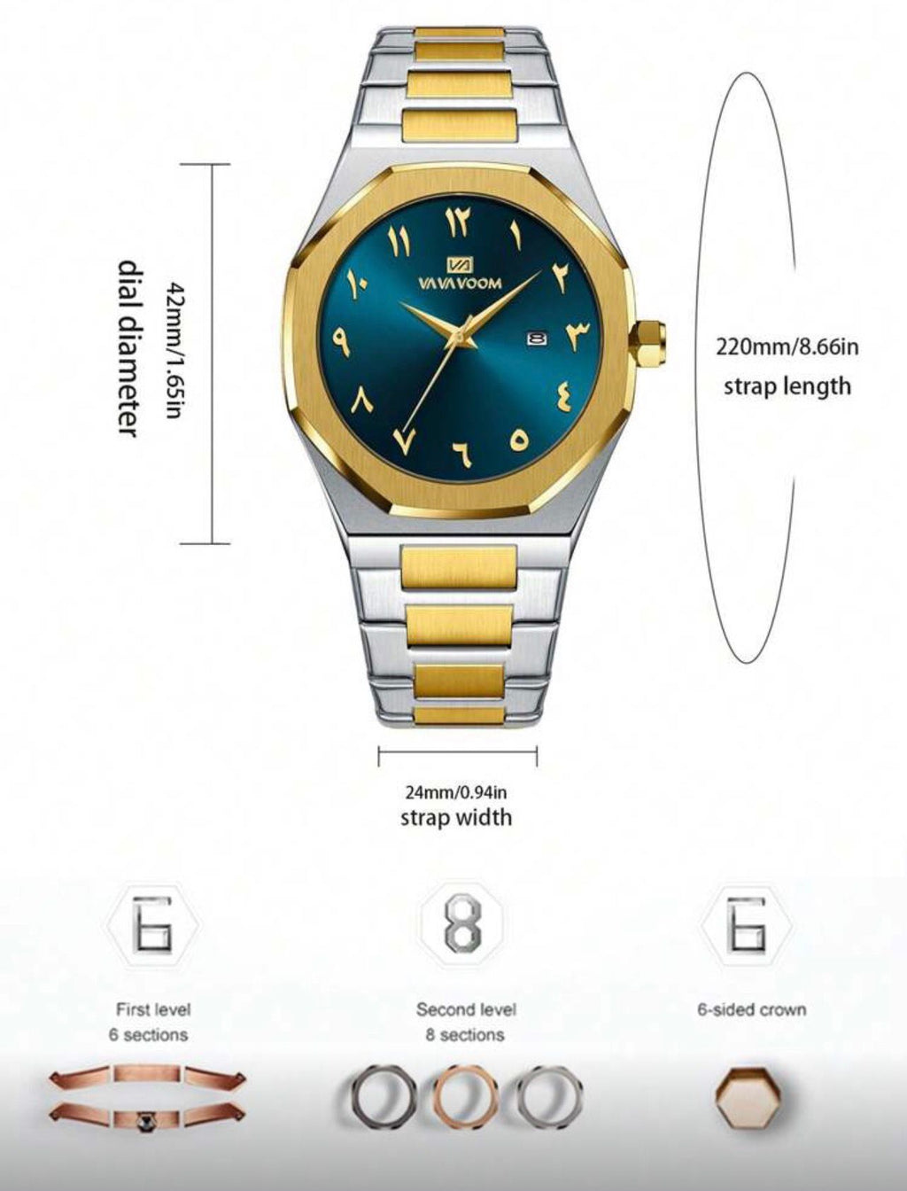 ساعة رجالية فاخرة من VA VA VOOM بقرص أزرق وأرقام عربية – تصميم ذهبي فضي من الفولاذ المقاوم للصدأ GMTB 2931