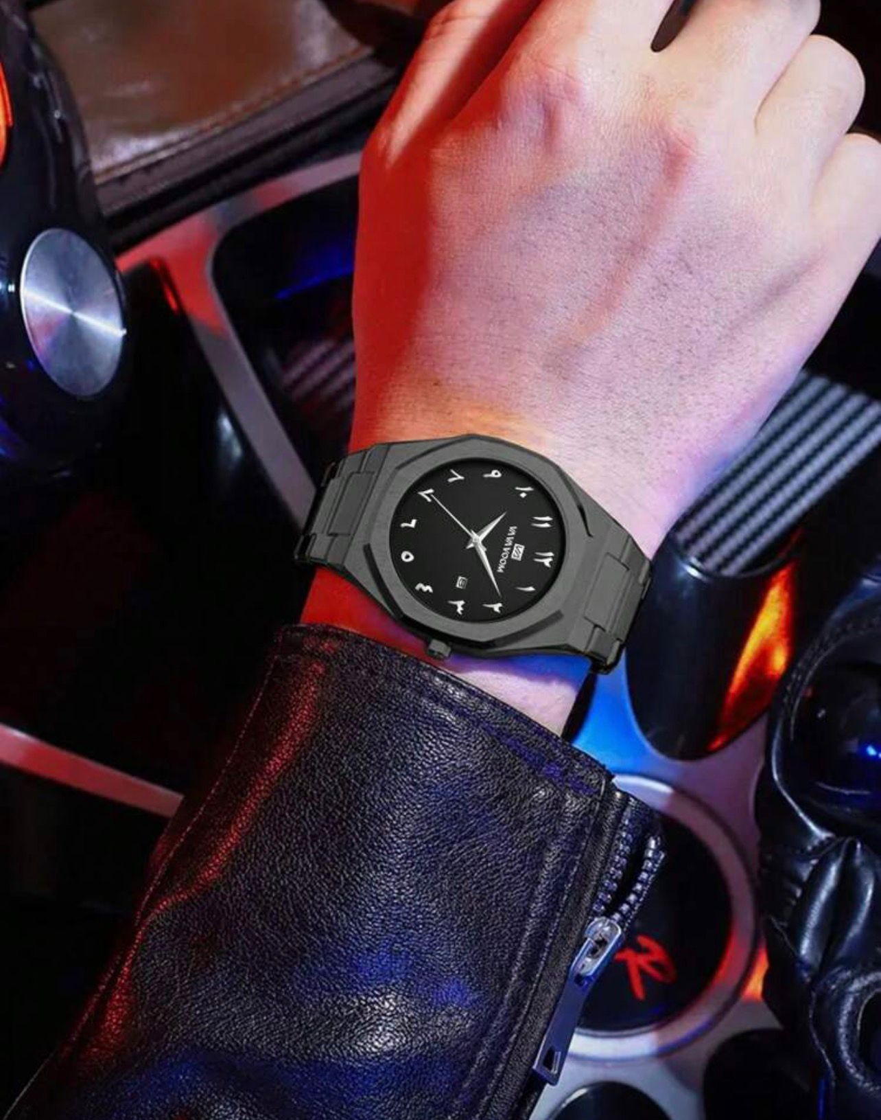 ساعة رجالية VA VA VOOM فاخرة بلون أسود بالكامل  تصميم عربي أنيق من الفولاذ المقاوم للصدأ GMBB 2931