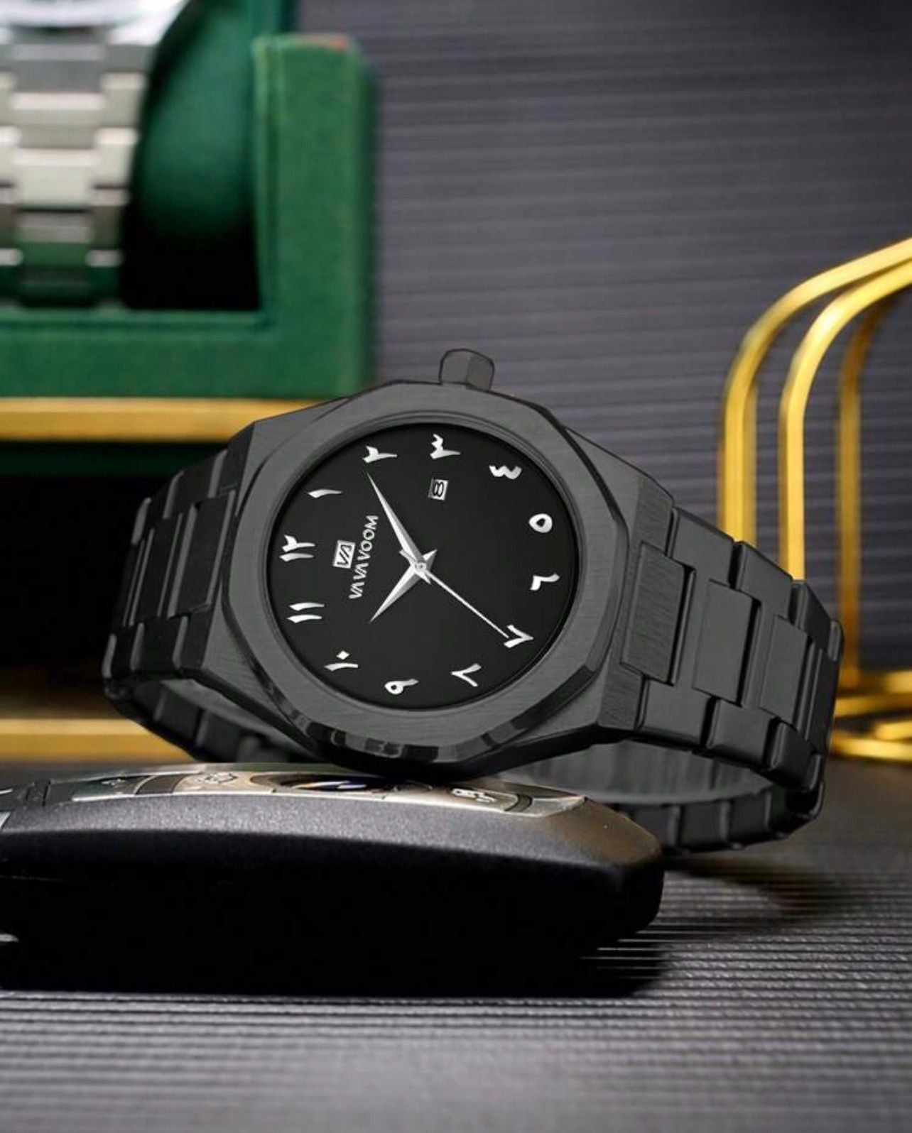 ساعة رجالية VA VA VOOM فاخرة بلون أسود بالكامل  تصميم عربي أنيق من الفولاذ المقاوم للصدأ GMBB 2931