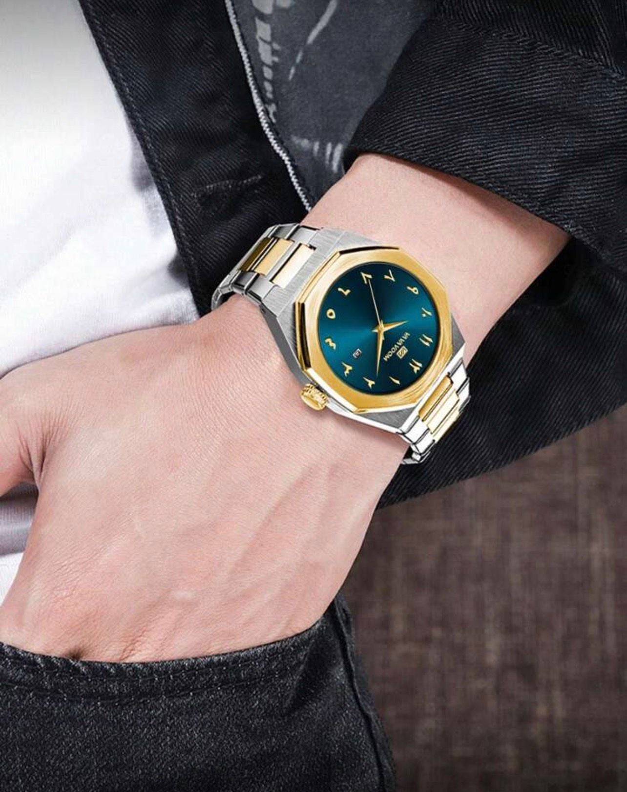 ساعة رجالية فاخرة من VA VA VOOM بقرص أزرق وأرقام عربية – تصميم ذهبي فضي من الفولاذ المقاوم للصدأ GMTB 2931