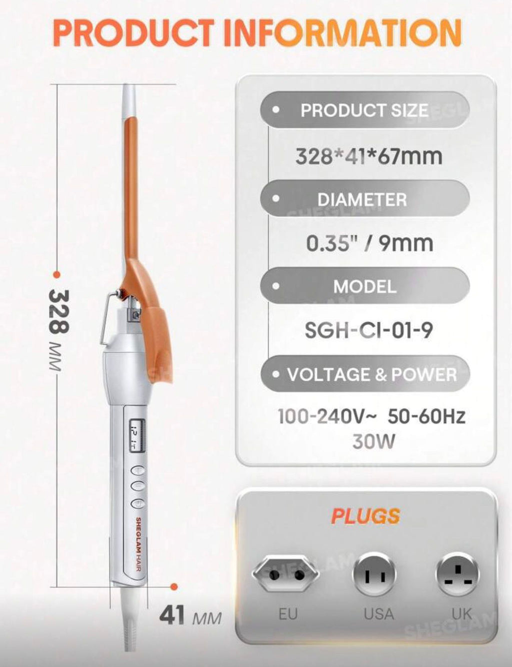 مكواة تجعيد الشعر من SHEGLAM عصا تجعيد احترافية 9 مم بشاشة رقمية LED وتحكم دقيق في الحرارة