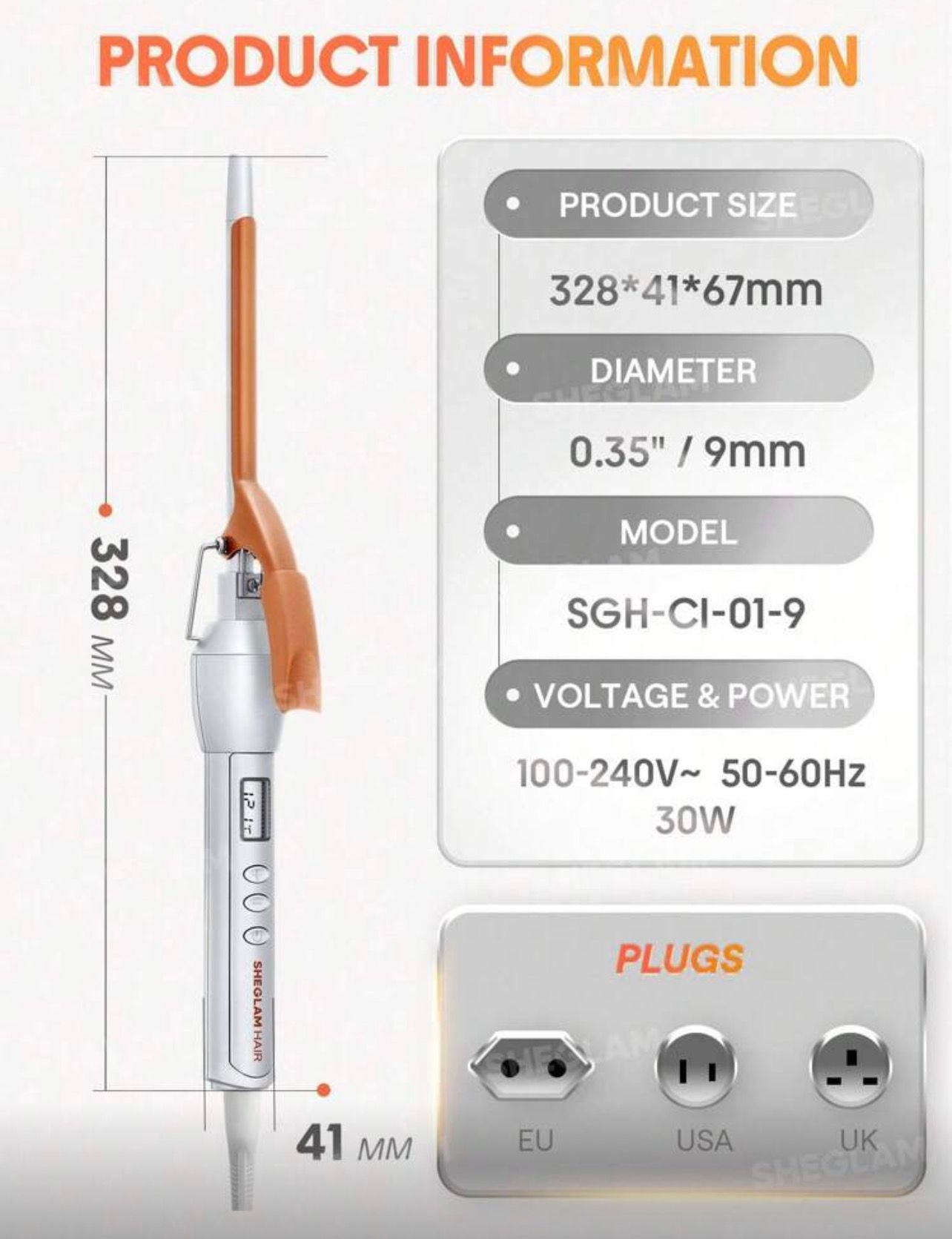 مكواة تجعيد الشعر من SHEGLAM عصا تجعيد احترافية 9 مم بشاشة رقمية LED وتحكم دقيق في الحرارة