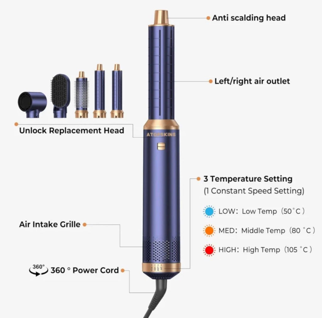 مجفف ومصفف شعر 5 في 1 من ATOPSKINS – لتجفيف وتصفيف الشعر الرطب والجاف بسهولة