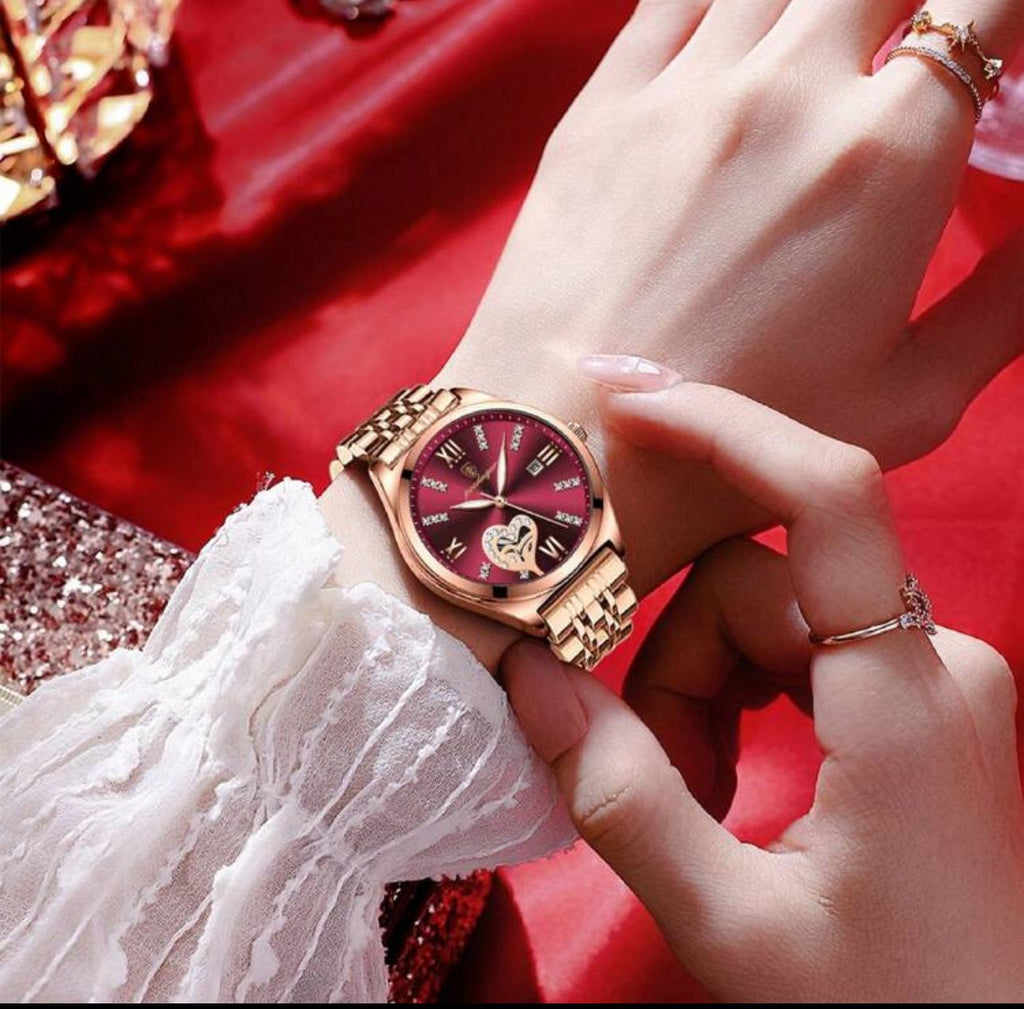 ساعة BINBOND نسائية فاخرة – تصميم قلب مرصع، بلون ذهبي وردي، مقاومة للماء، بسوار ستانلس ستيل، هدية مثالية LRMM 320