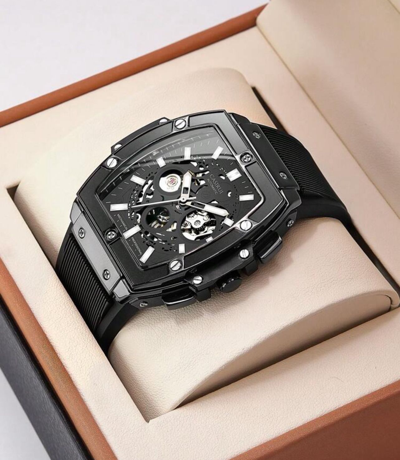 ساعة CASIRUI أوتوماتيكية رجالية بتصميم مربع – مينا مفرغة، حزام TPU أسود GBB 3080