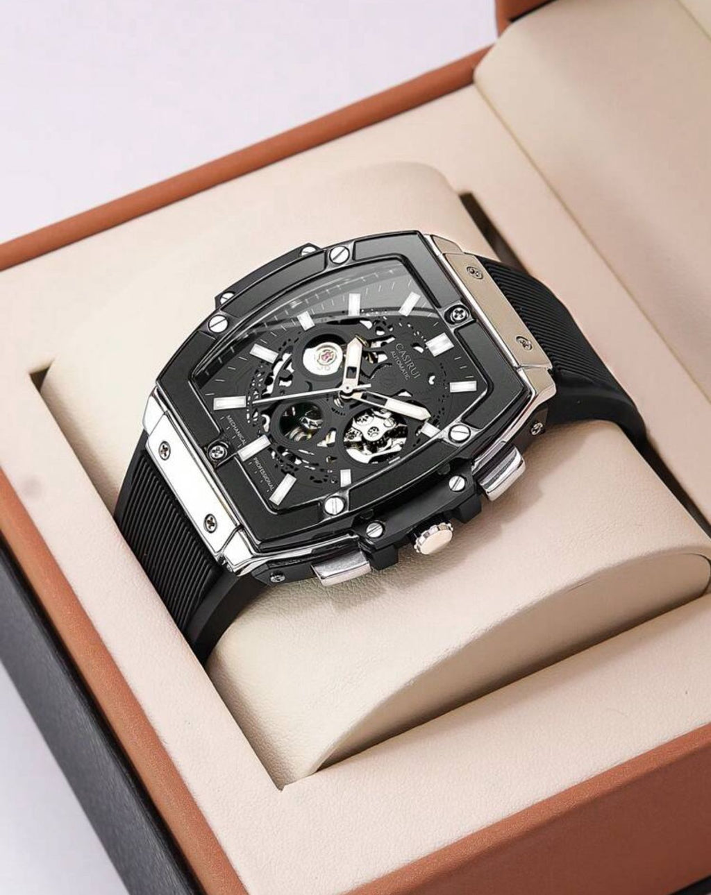 ساعة CASIRUI أوتوماتيكية رجالية بتصميم مربع – مينا مفرغة، حزام TPU، فضي × أسود GRS 3080