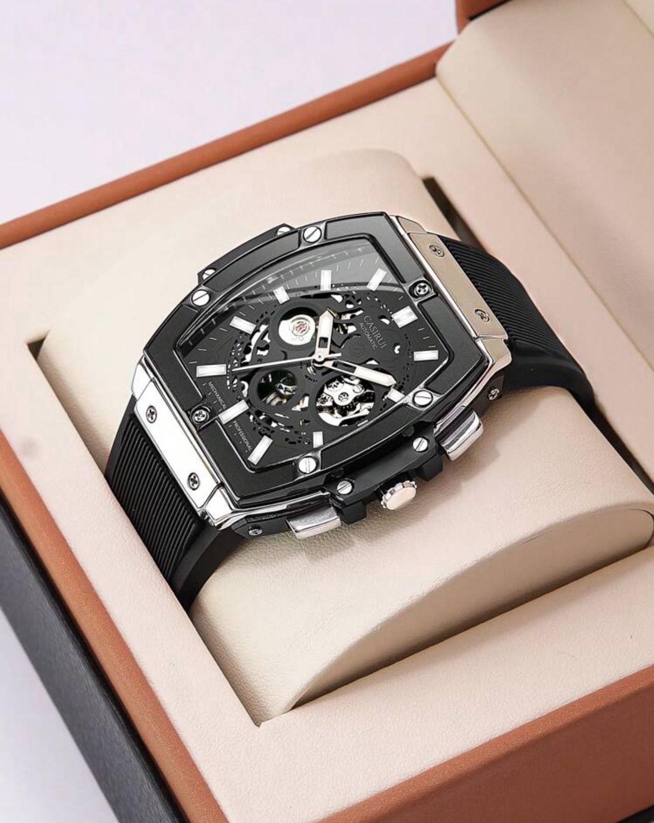 ساعة CASIRUI أوتوماتيكية رجالية بتصميم مربع – مينا مفرغة، حزام TPU، فضي × أسود GRS 3080
