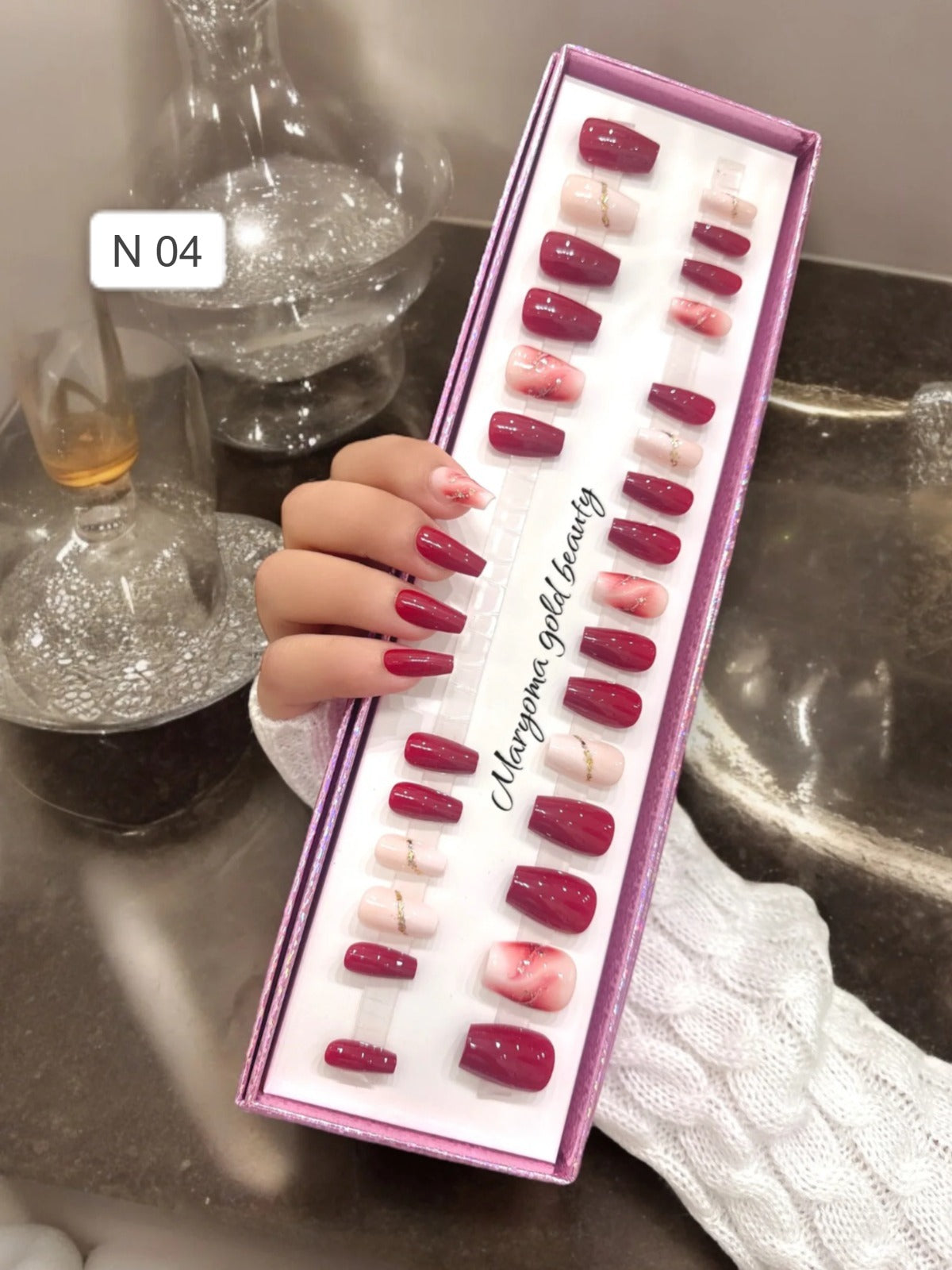 أظافر مريم بيوتى عيون القط كوفن عنابي مع ماربل – حجم وسط لإطلالة راقية 28 قطعة N 4