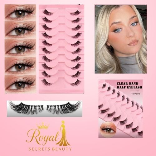 رموش نصفية بشريط شفاف – 10 أزواج قصيرة طبيعية بشكل عين القطة Y1057