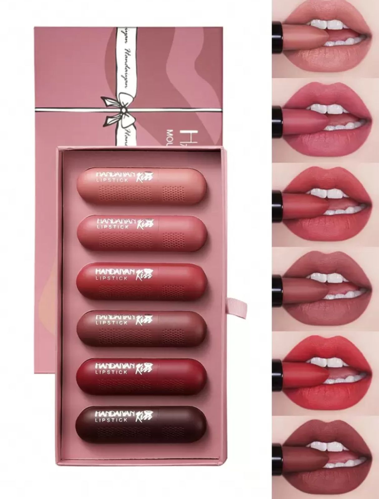 مجموعة أحمر الشفاه HANDAIYAN بتصميم ريكوردر 6 ألوان أنيقة تدوم طويلاً