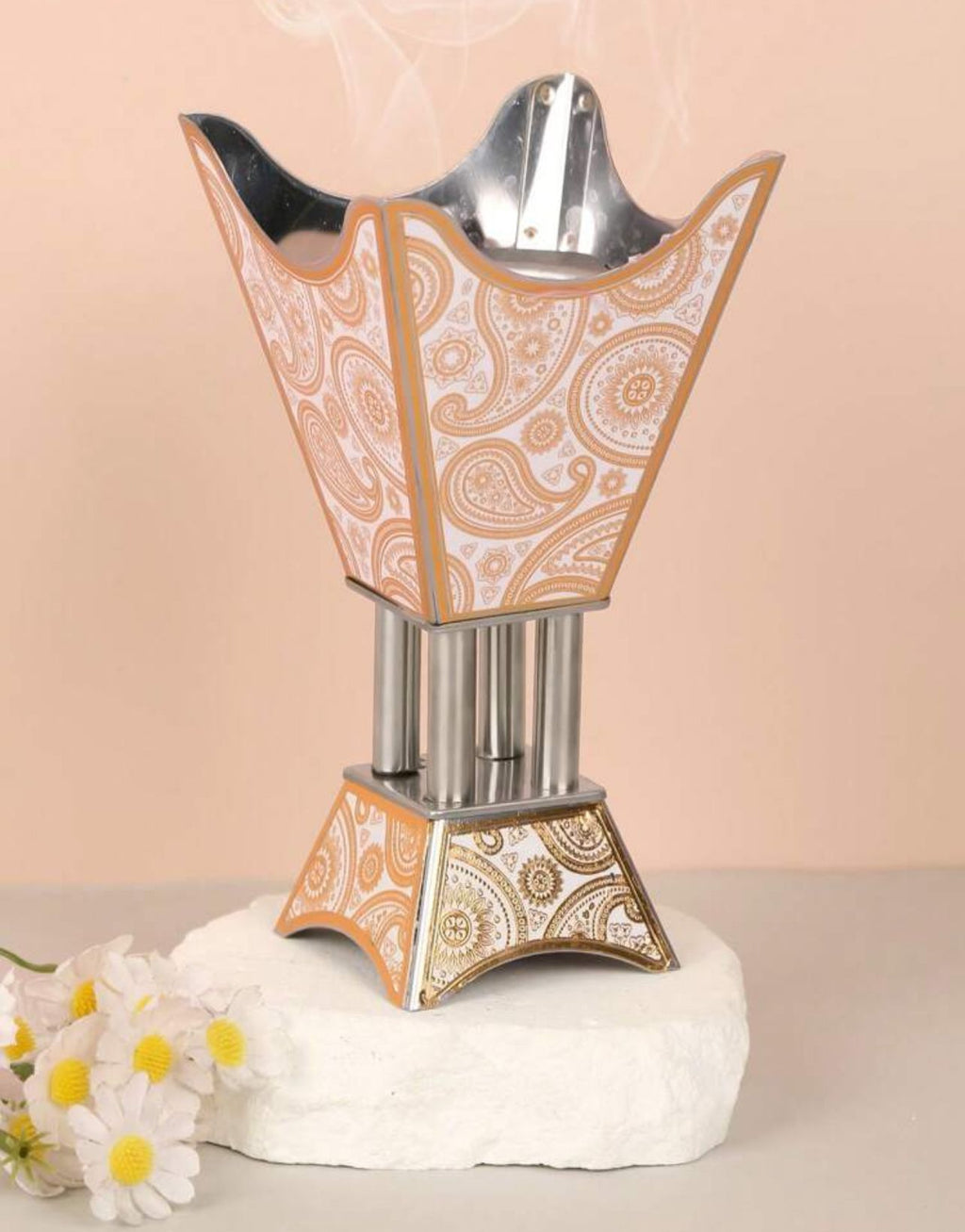 موقد بخور معدني فاخر بنقوش مزخرفة ديكور أنيق متعدد الاستخدامات INC-007-WG